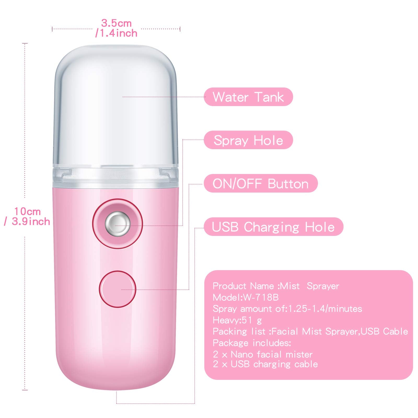 Honoson 2 Pieces Nano Facial Mister 30 ml Mini Face Humidifier Portable Facial Sprayer USB Rechargeable Handy Skin Care Machine