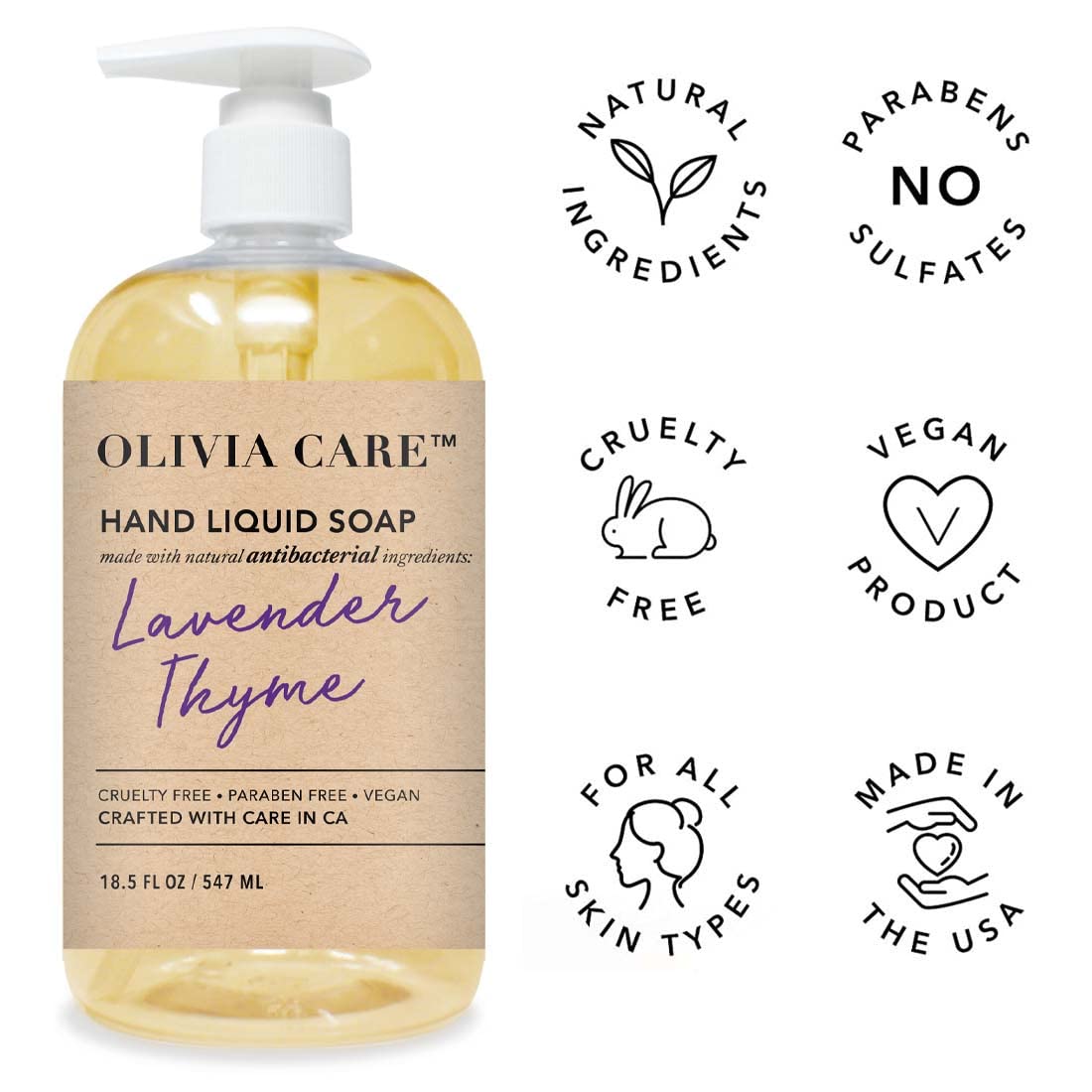 Olivia Care Antibacterial Hand Soap - Infused With Sage & Tea Tree Oil & Lavender Thyme Fragrance, Cleansing, Germ-Fighting, Moi