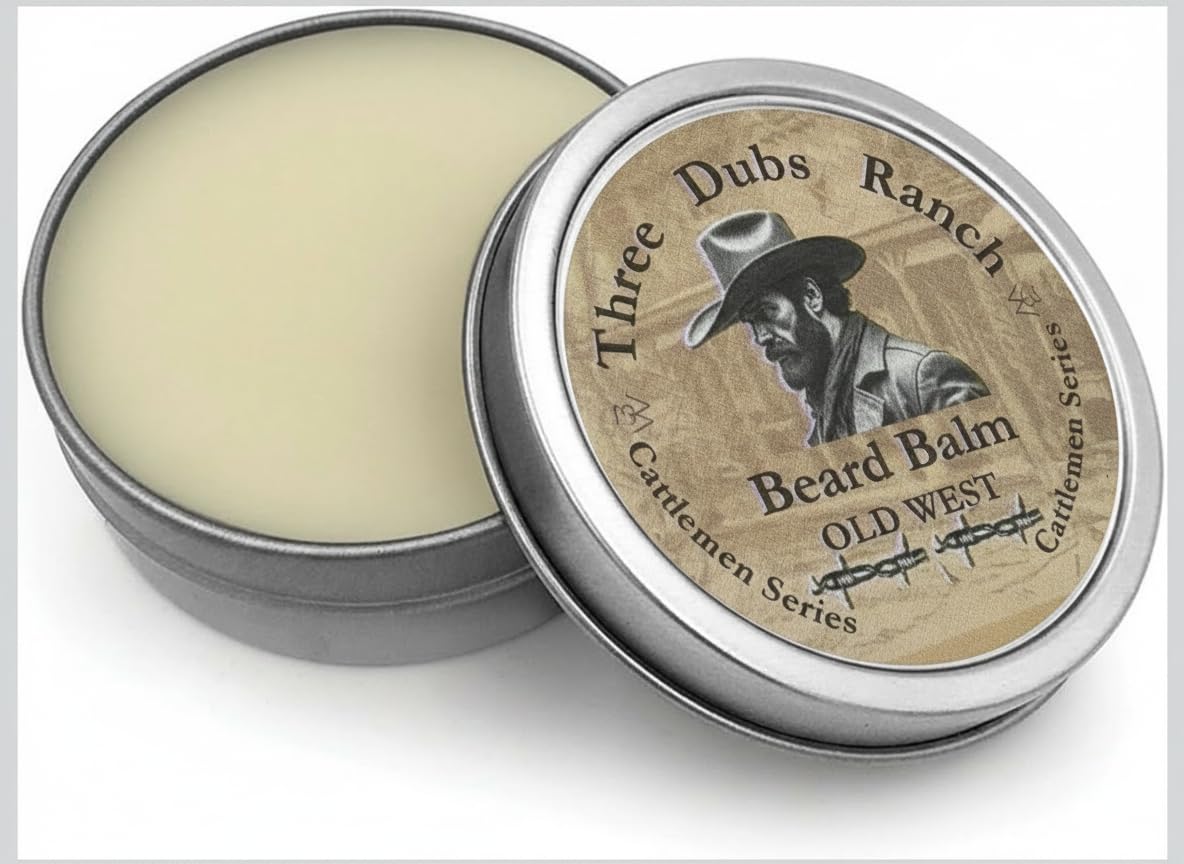 Three Dubs Ranch Beard Balm Old West 100% Natural withGlycerin, Aloe, Macha Tea, Almond oil, Argan oil, Vitamin E, Tallow, Beesw