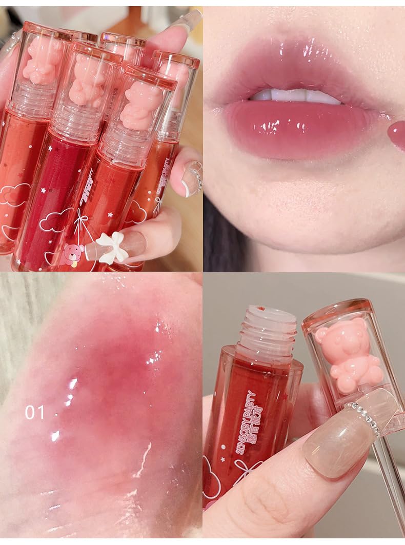6 Colors Bear Hydrating Lip Gloss Liquid Lipstick Set Cute Bear Jelly Lipstick Moisturizing Sweet Lip Glaze Set Bear Beauty Make