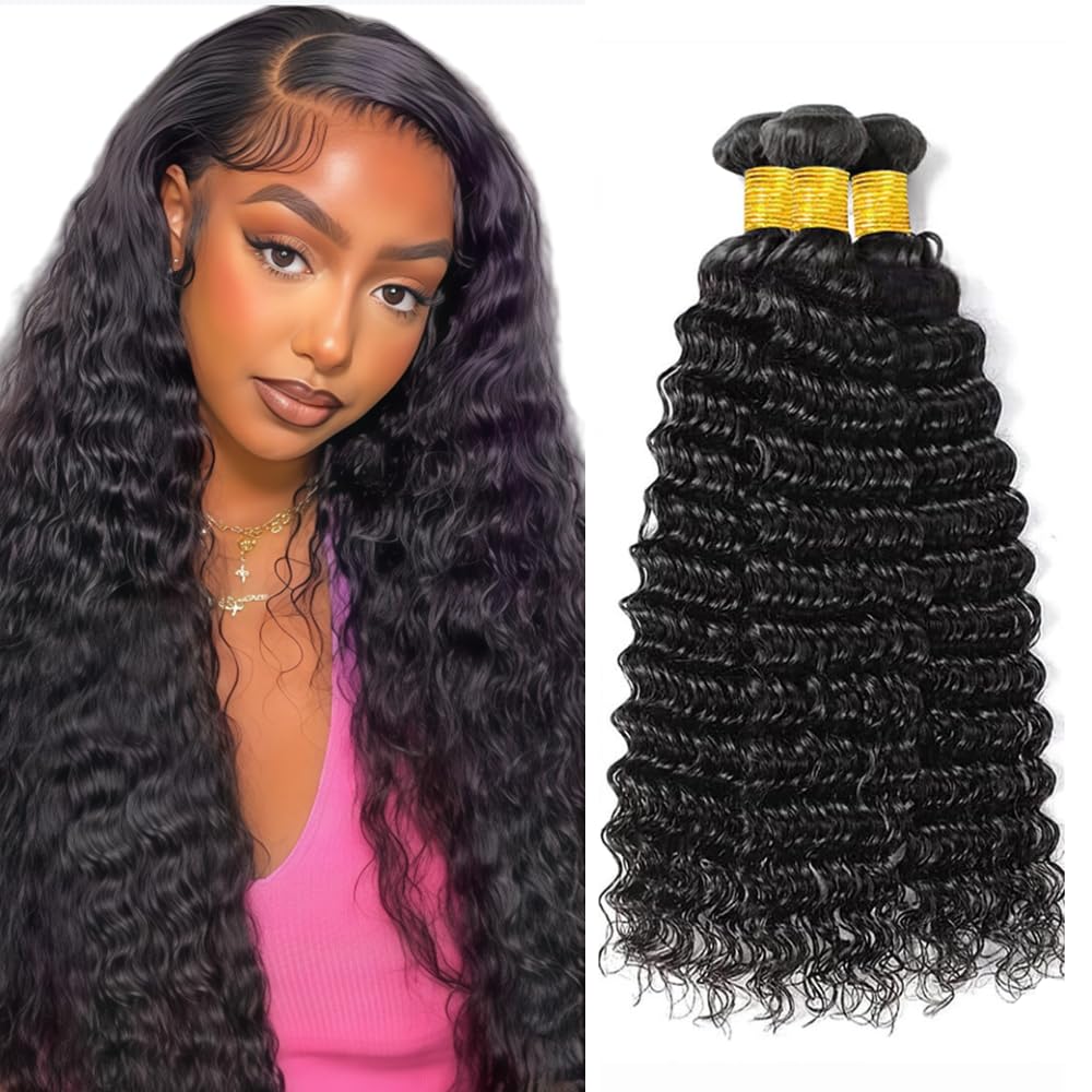 HuxoWax Deep Wave Bundles Human Hair Deep Wave Bundles Black Human Hair Bundle Unprocessed Color 1B Wet and Wavy Bundles For Wom