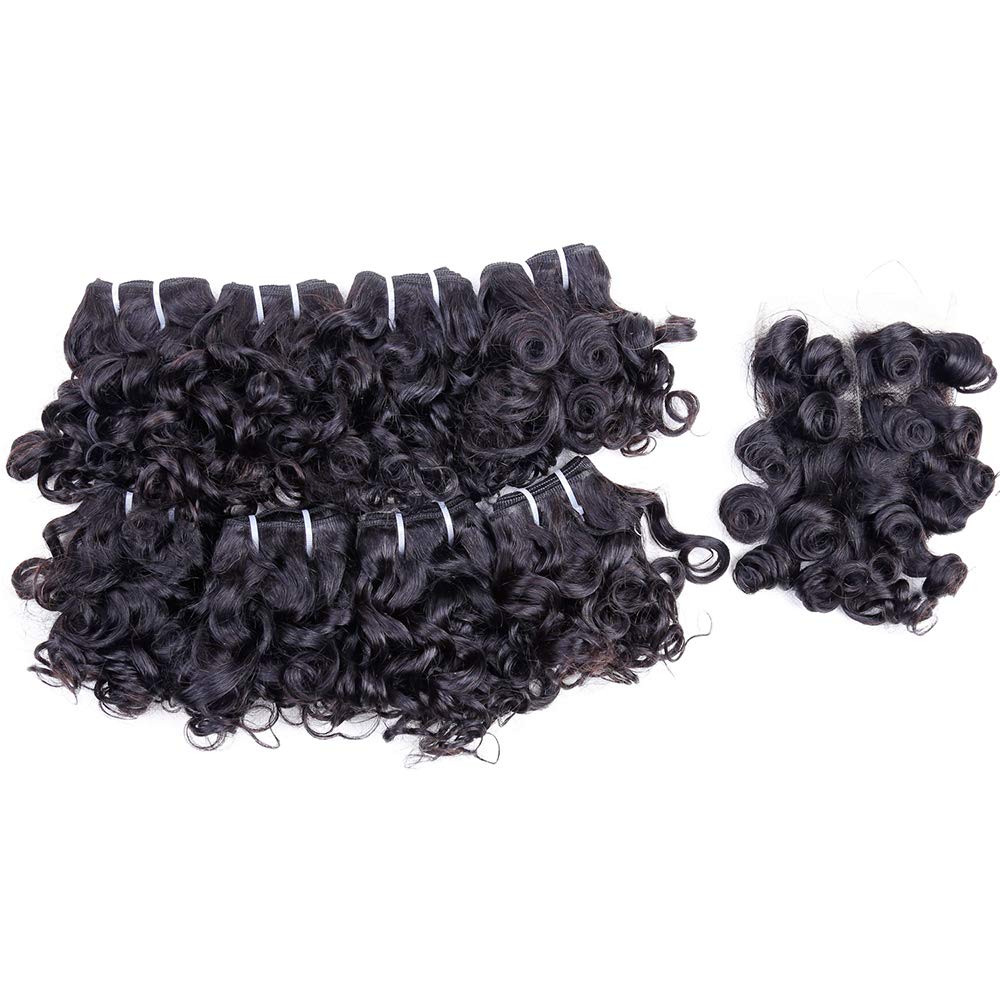 Peruvian Curly Hair Bundles Short Bob Curly Human Hair Bundles With Closure 10A Ocean Weave 8 Bundles With 4X4 Closure(8'' 8'' 8