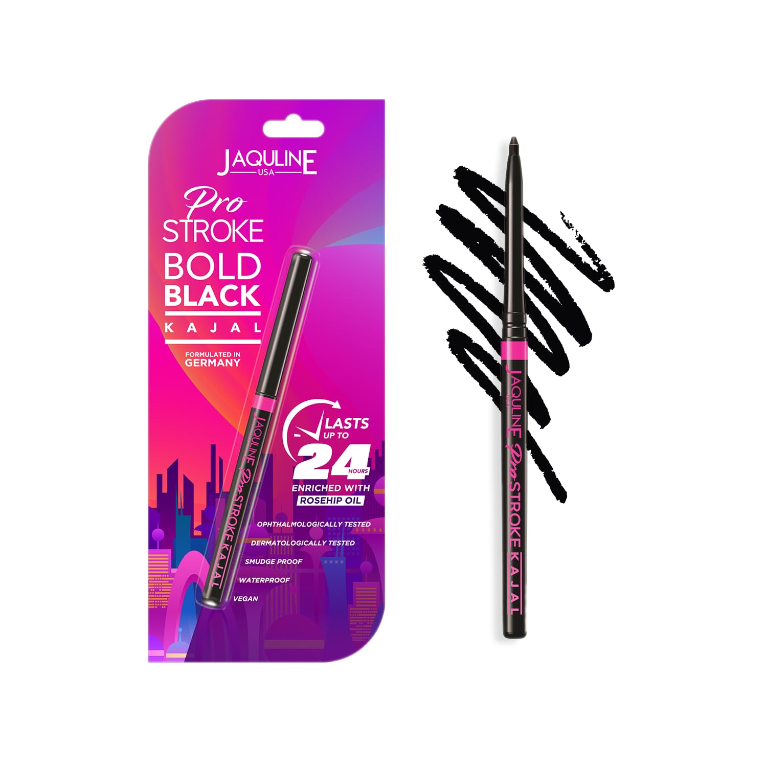 Jaquline Usa Pro Stroke Bold Black Kajal | SmudgeProof & Waterproof | 24Hr Long Stay | Intense Black Pigment | Vegan Formula | 