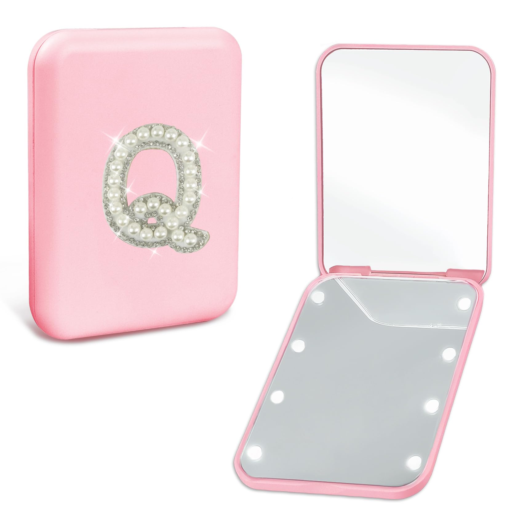 Aganmi Travel Essentials Accessories Led Mini Makeup Mirror Pearl Initial 1X/2X Magnification Compact Mirror With Lights For Pur