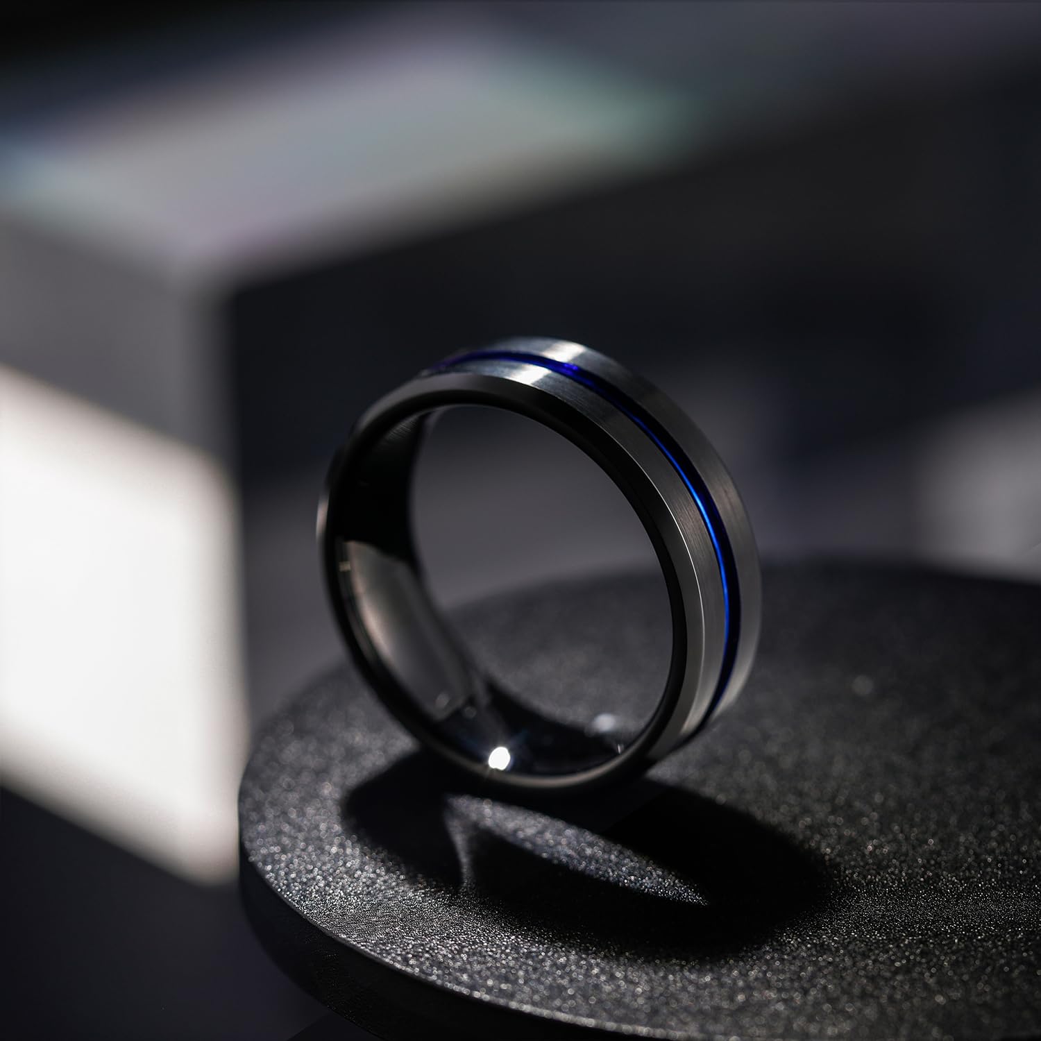 Greenpod 8mm Blue&Black Men and women Tungsten Carbide Wedding Engagement Band with Thin Blue Groove Beveled Edge Engraved I Lov