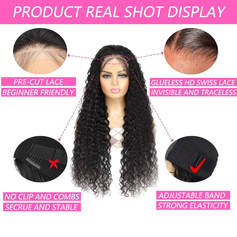 28 Inch Wear & Go Glueless Wig Human Hair Pre Cut Water Wave 4X4 Lace Closure Wigs Human Hair Pre Plucked 180 Density 3 Seconds