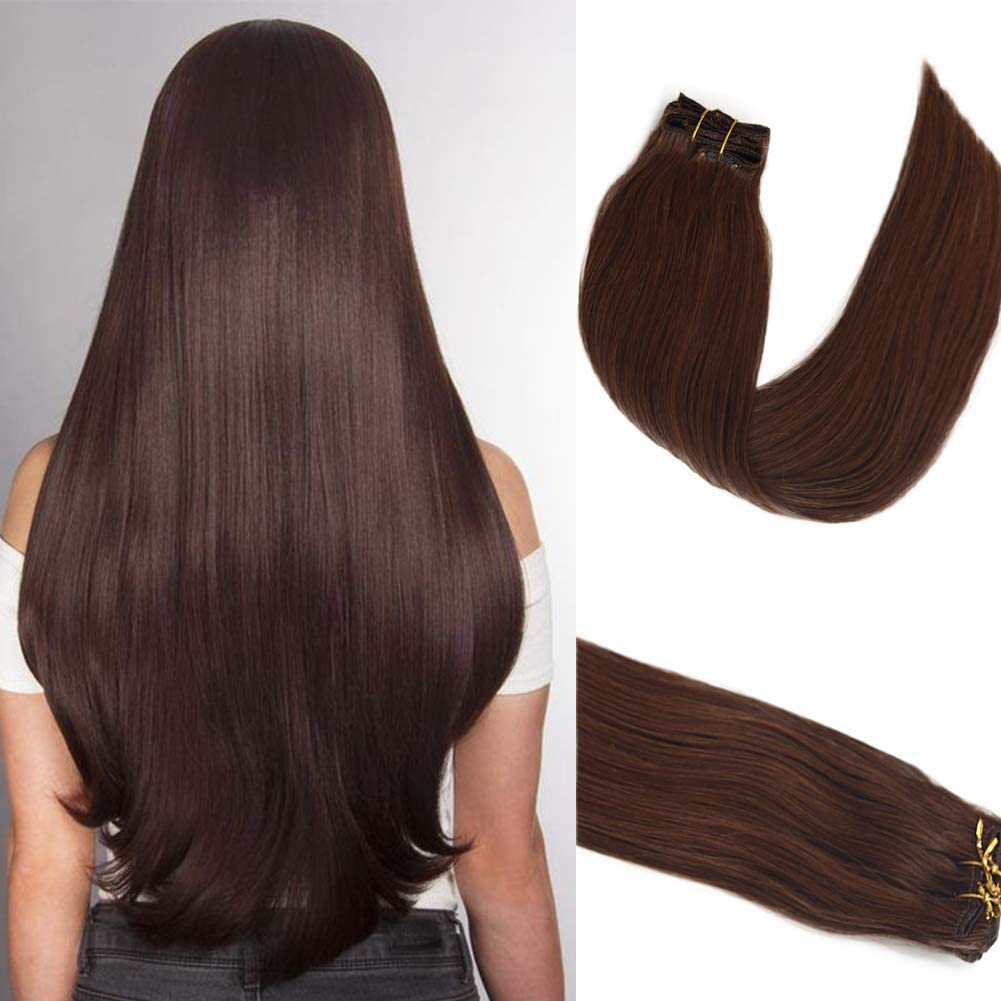 Clip In Hair Extensions Real Human Hair 16 Inch 70G 7Pcs Chocolate Brown Human Hair Extensions Clip Ins Straight Double Weft Hai