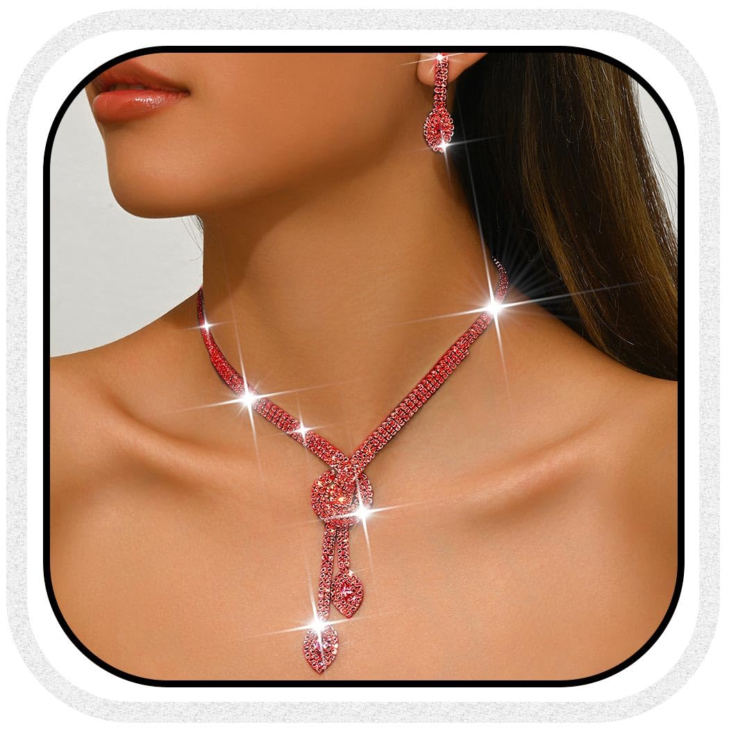 Unicra Red Rhinestone Bridal Wedding Jewelry Set Crystal Necklace Earrings Sets Formal Prom Costume Jewelry Sets for Women and B