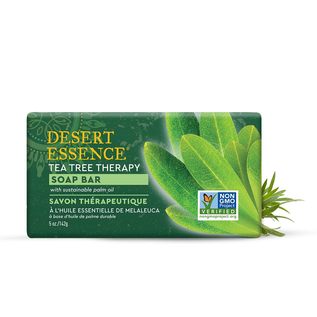Desert Essence Tea Tree Therapy Cleansing Soap Bar - Plant-Based with Sustainable Palm Oil, Eco-Harvest Tea Tree, Jojoba Oil, Al