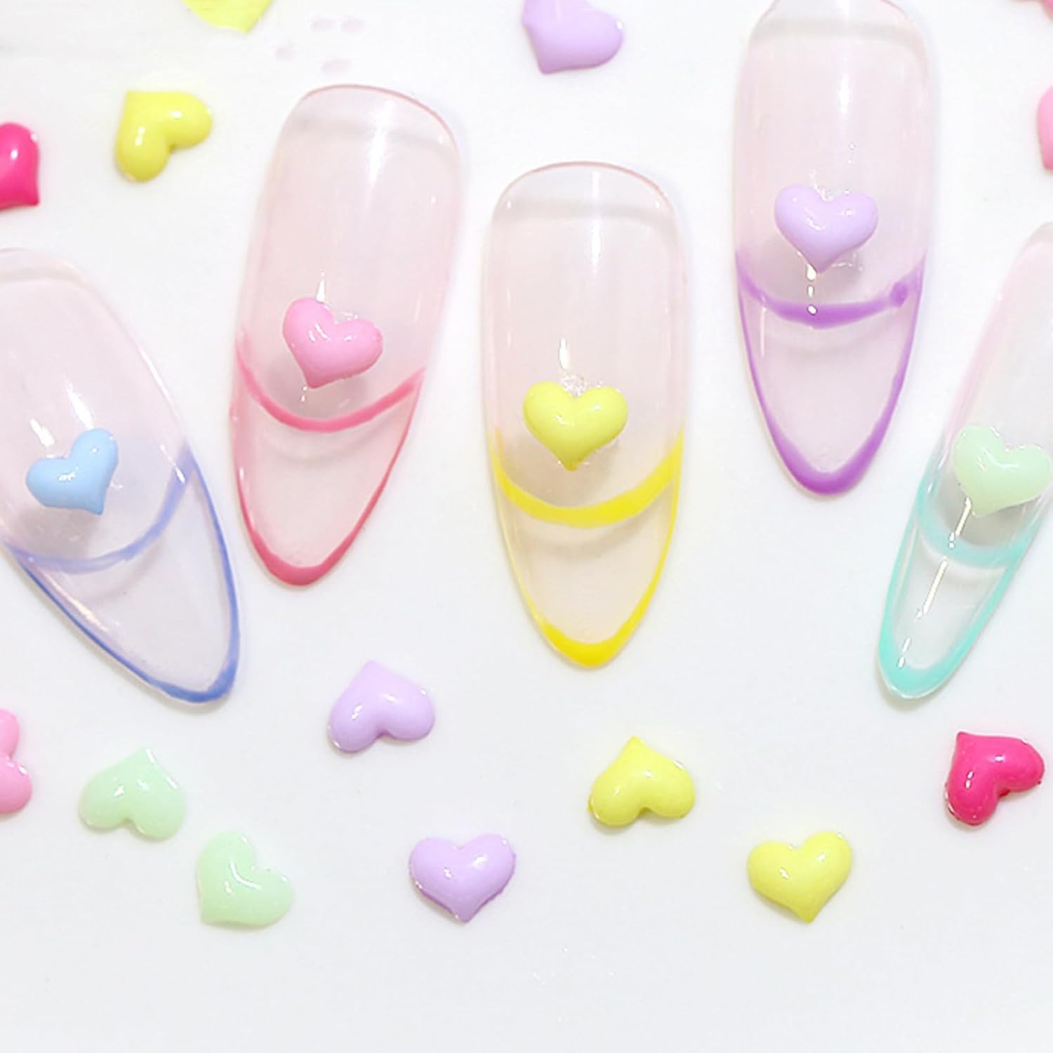 100 Pcs Heart Nail Charms 3D Love Hearts Valentines Day Nail Art Charms Colorful Transparent Hearts Resin Nail Crystal Acrylic N