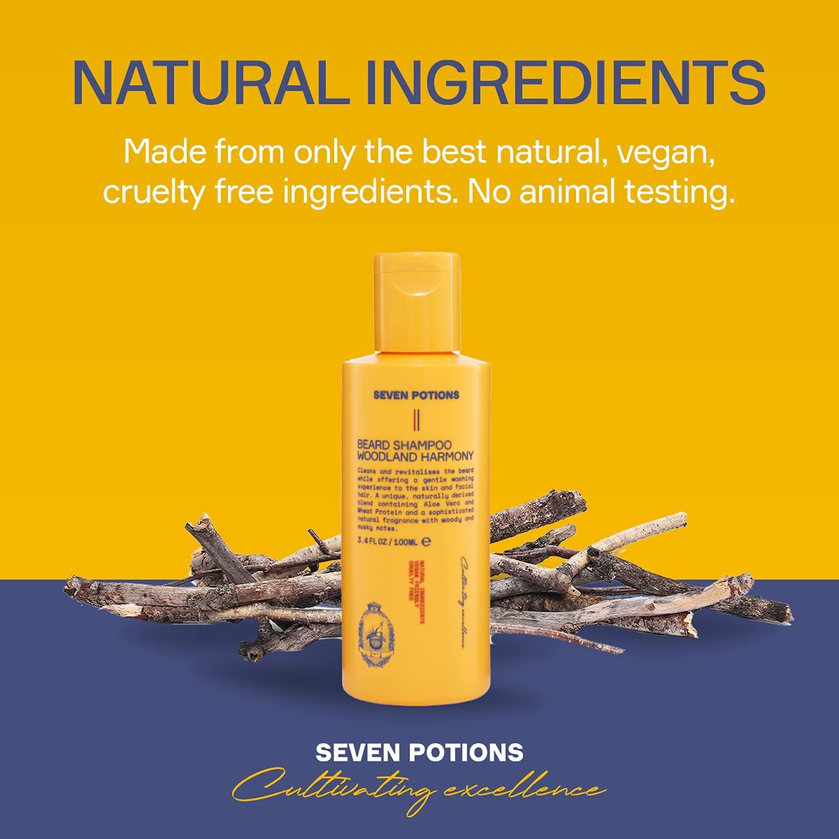 Seven Potions Beard Shampoo For Men - Gentle, Cleansing Wash For A Clean, Itch-Free Beard - Natural, Vegan, Cruelty-Free - (Wood