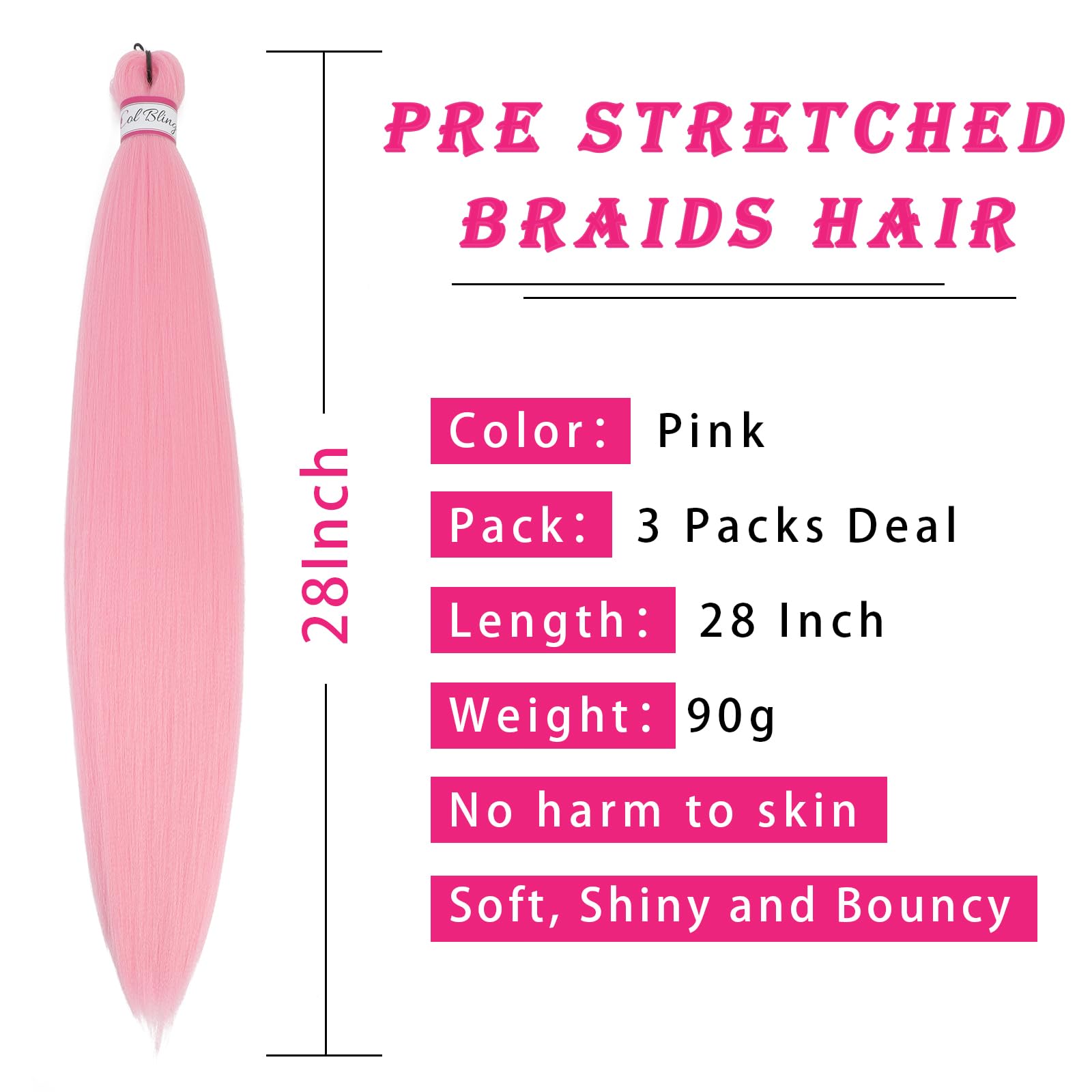 Col Bling Pink Braiding Hair Pre Stretched - 28 Inch 3 Pack Long Braid Hair Extensions For Women Box Braids Hair Yaki Texture Pr