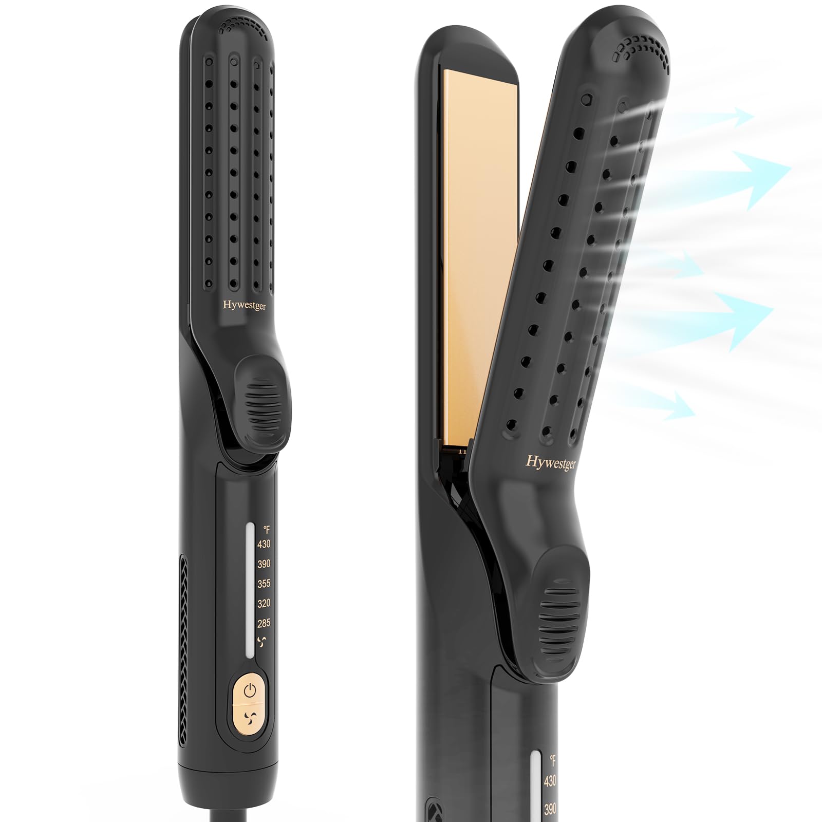 Hywestger Flat Iron Hair Straightener and Curler 2 in1 | 360 Airflow Styler Curling Iron with 80 Ionic Cooling Air Vents, 5 Adju