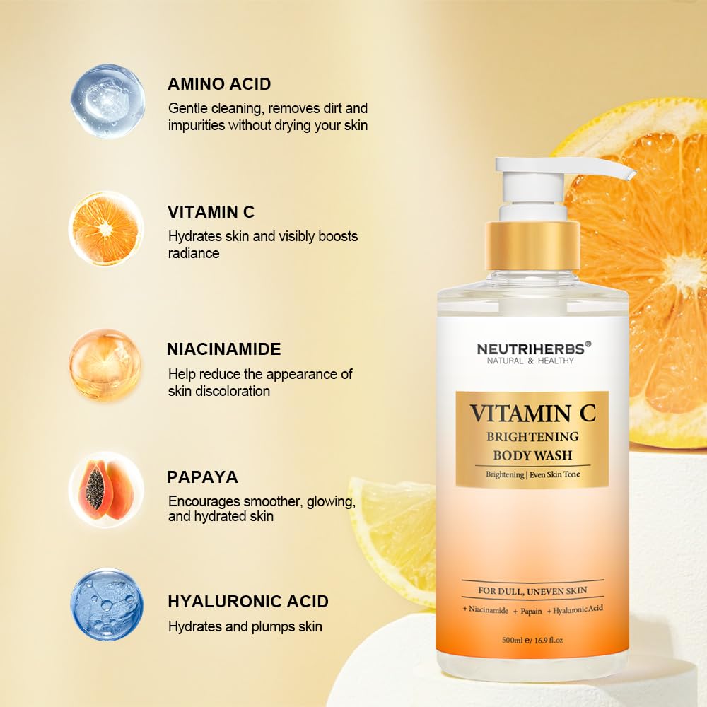 Neutriherbs Brightening Body Wash for Dull,Uneven Skin, Vitamin C Brightening Shower Gel For Women And Men, Daily Shower Soap Wi