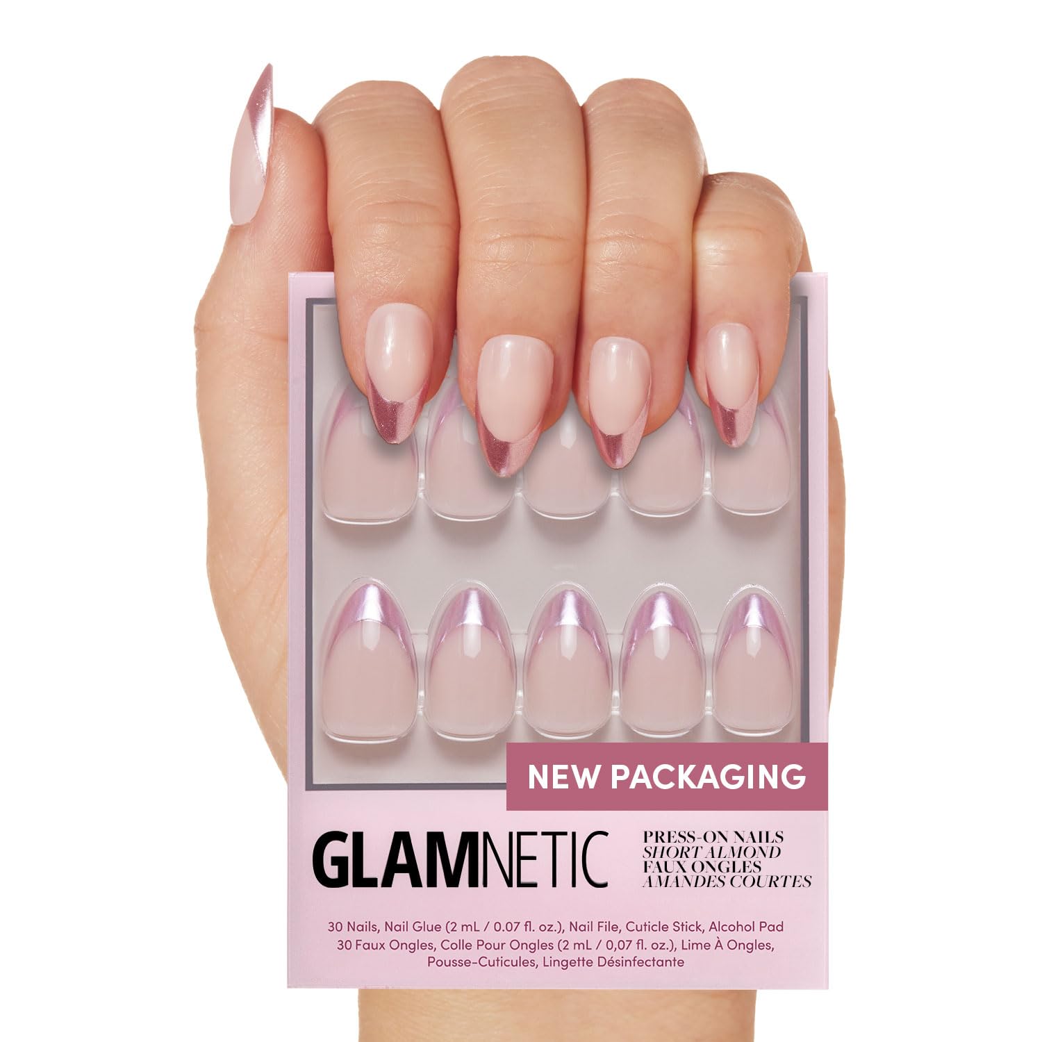 Glamnetic Press On Nails - Rock Candy | Trendy Short Almond Nails with Metallic Chrome Pink French Tips | 15 Sizes - 30 Nail Kit