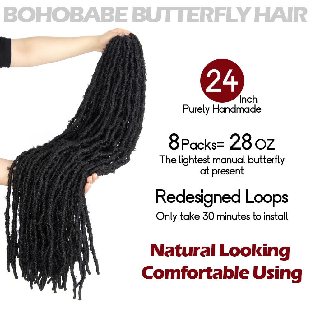 24 Inch Light Weight Butterfly Locs Crochet Hair 8 Packs Long Black Distressed Butterfly Faux Locs Crochet Hair, 1B