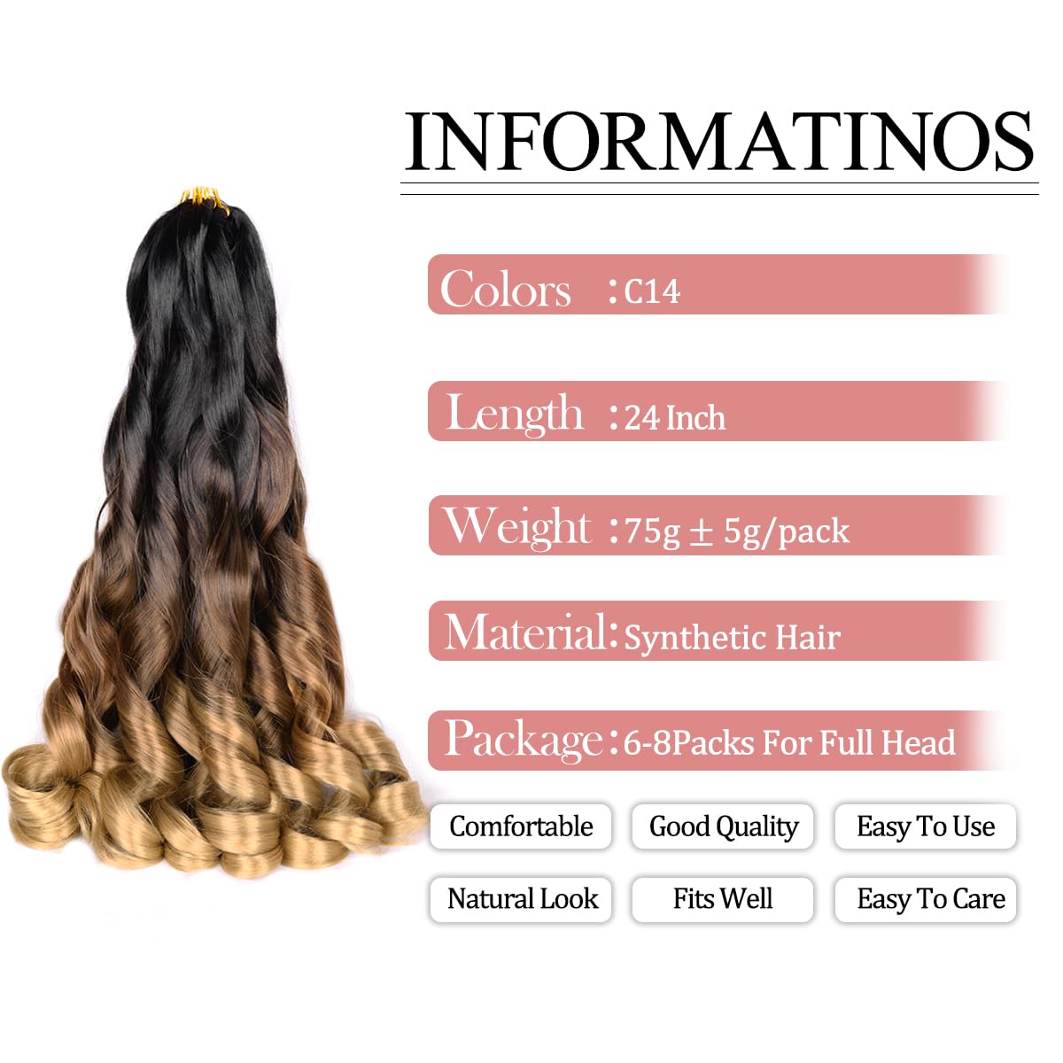 French Curl Braiding Hair 24 Inch C14 Soft Synthetic Braiding Hair Pre Stretched Loose Wave Bouncy Braiding Hair 75G/Pack For Bl