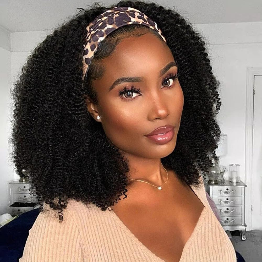 BLY Afro Curly Headband Wig Human Hair with Natural Scalp Top Middle Part Headband Wig for Women 180% Density 10A Grade Mongolia
