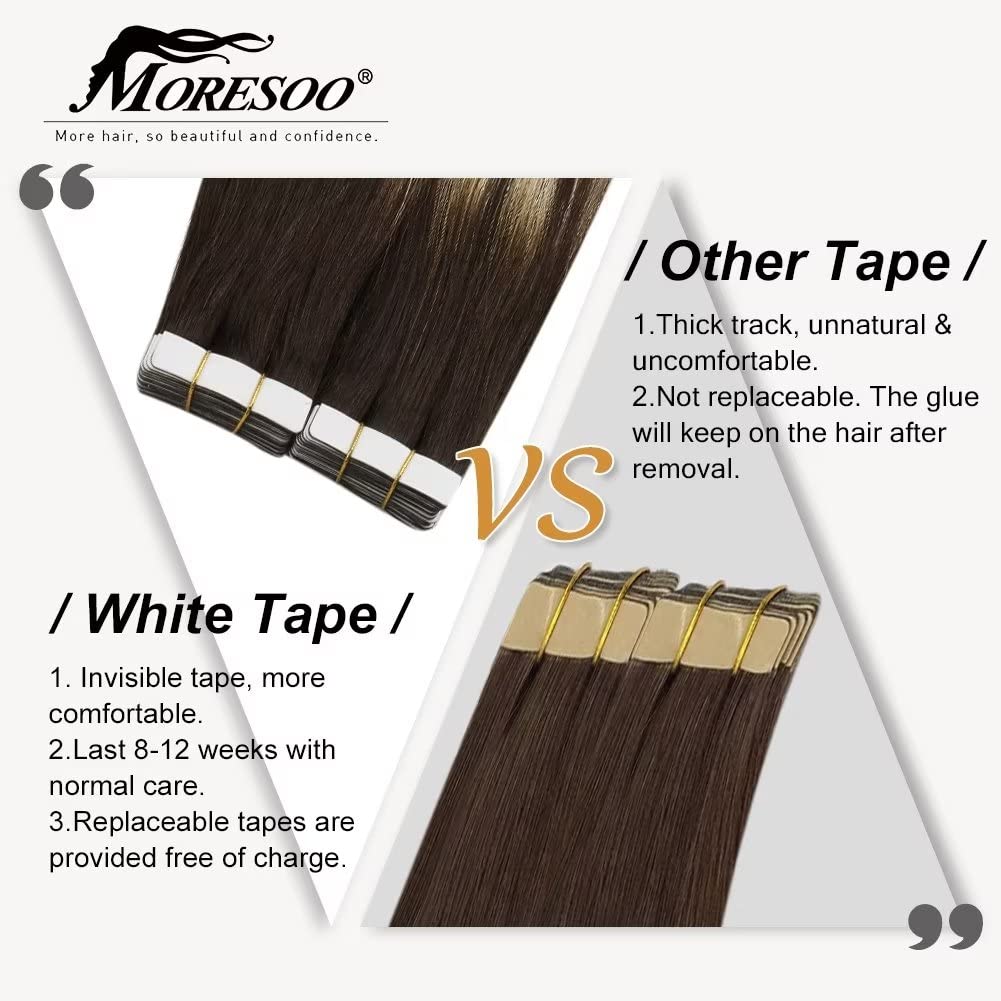 Moresoo Tape In Hair Extensions Human Hair Ombre 24 Inch Tape In Balayage Hair Extensions 40Pcs Remy Hair Extensions Tape In #2/