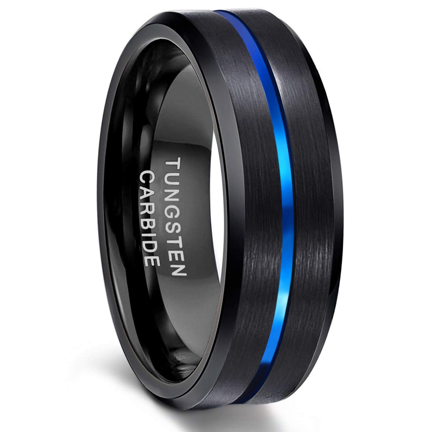 Greenpod 8mm Blue&Black Men Tungsten Carbide Wedding Engagement Band with Thin Blue Groove Beveled Edge Comfort Fit Size 10.5