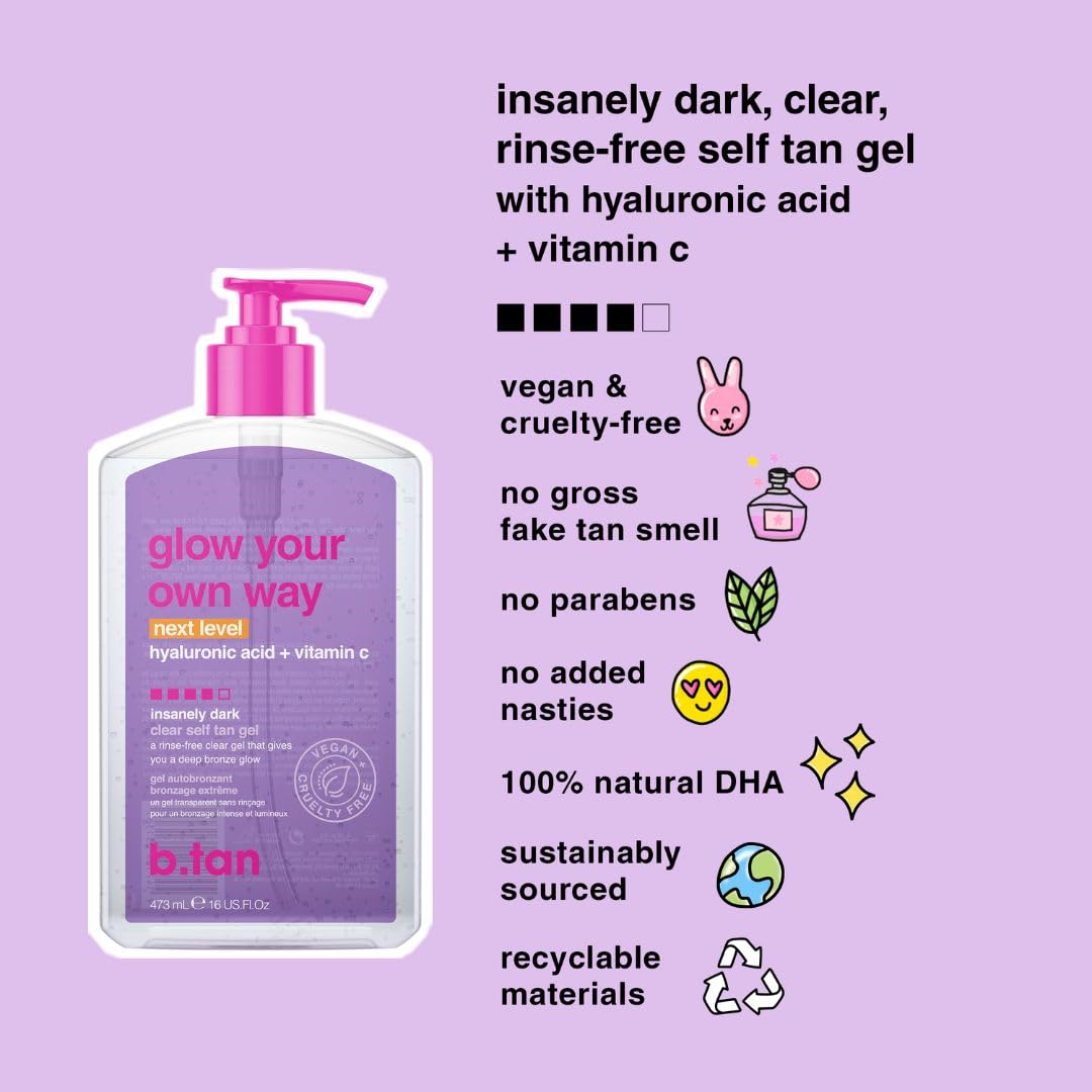 b.tan Insanely Dark Clear Self Tan Gel | Glow Your Own Way Next Level - Transfer-Resistant Sunless Tanning Gel, Vegan, Cruelty F