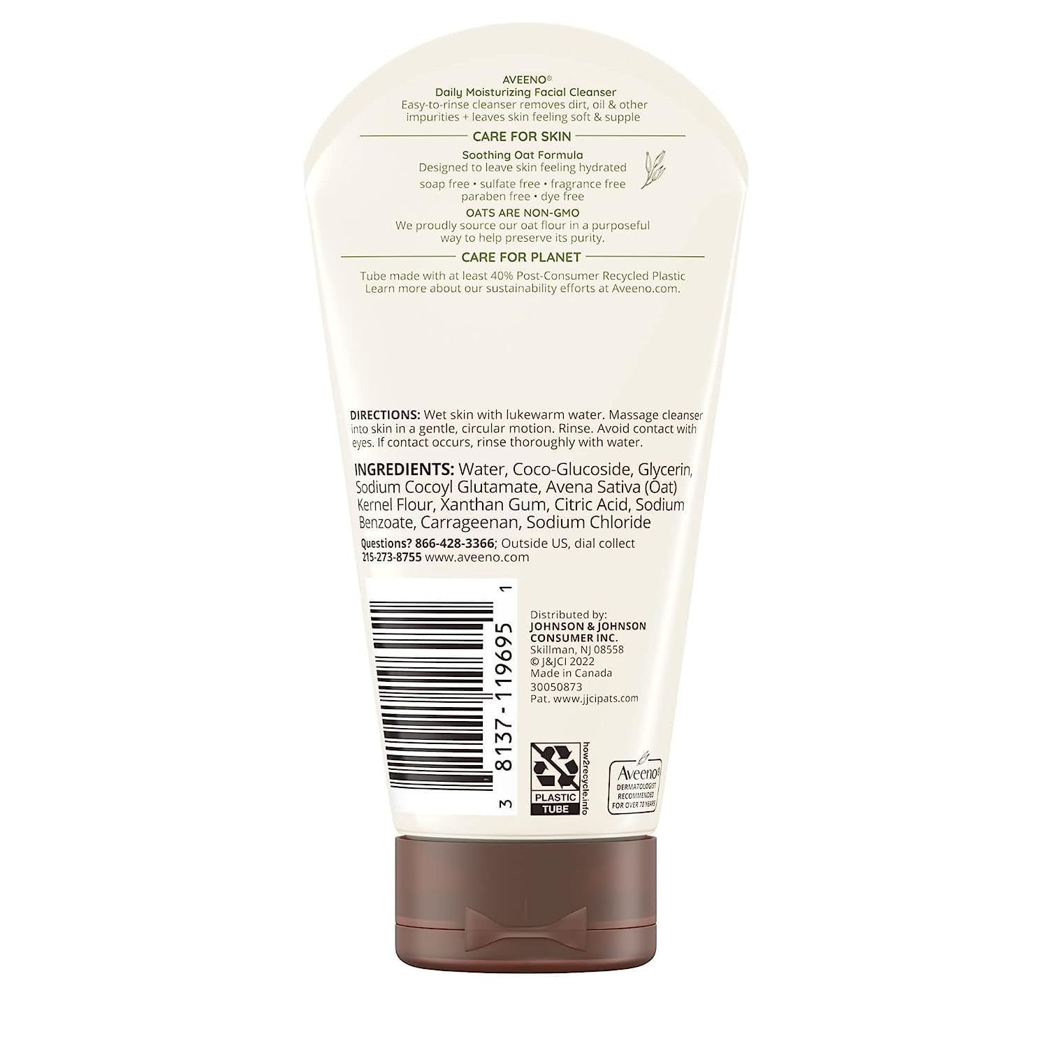 Aveeno Daily Moisturizing Facial Cleanser With Soothing Non-Gmo Oat, Hydrating Face Wash For Soft & Supple Skin, Free Of Paraben
