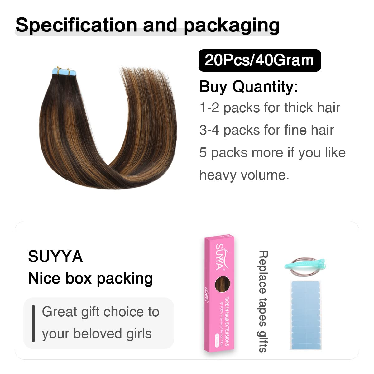 Suyya Tape In Hair Extensions Human Hair Balayage Darkest Brown To Light Brown 16 Inch 40G/Pack 20Pcs Straight Seamless Skin Wef