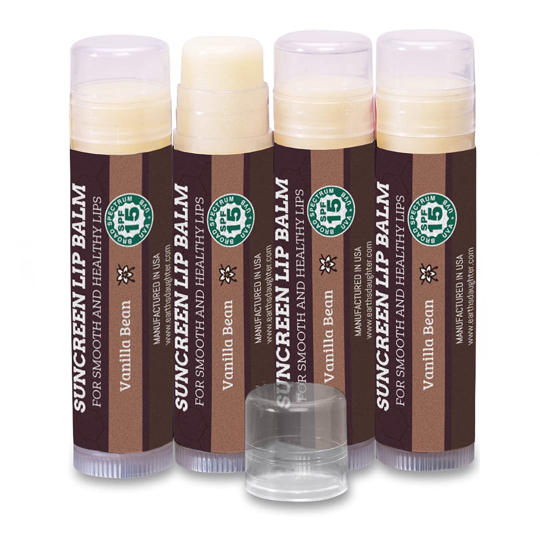 Spf Lip Balm 4-Pack By Earth'S Daughter - Lip Sunscreen, Spf 15, Organic Ingredients, Vanilla Flavor, Beeswax, Coconut Oil, Vita