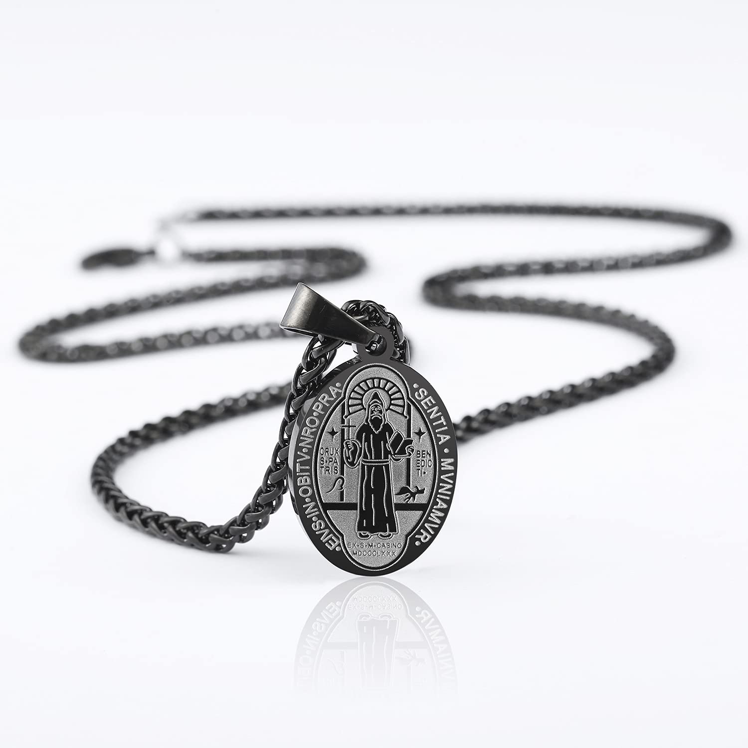 P. BLAKE Black St Saint Benedict Medal Necklace for Men, Stainless Steel Exorcism Catholic San Benito Medalla Religious Pendant