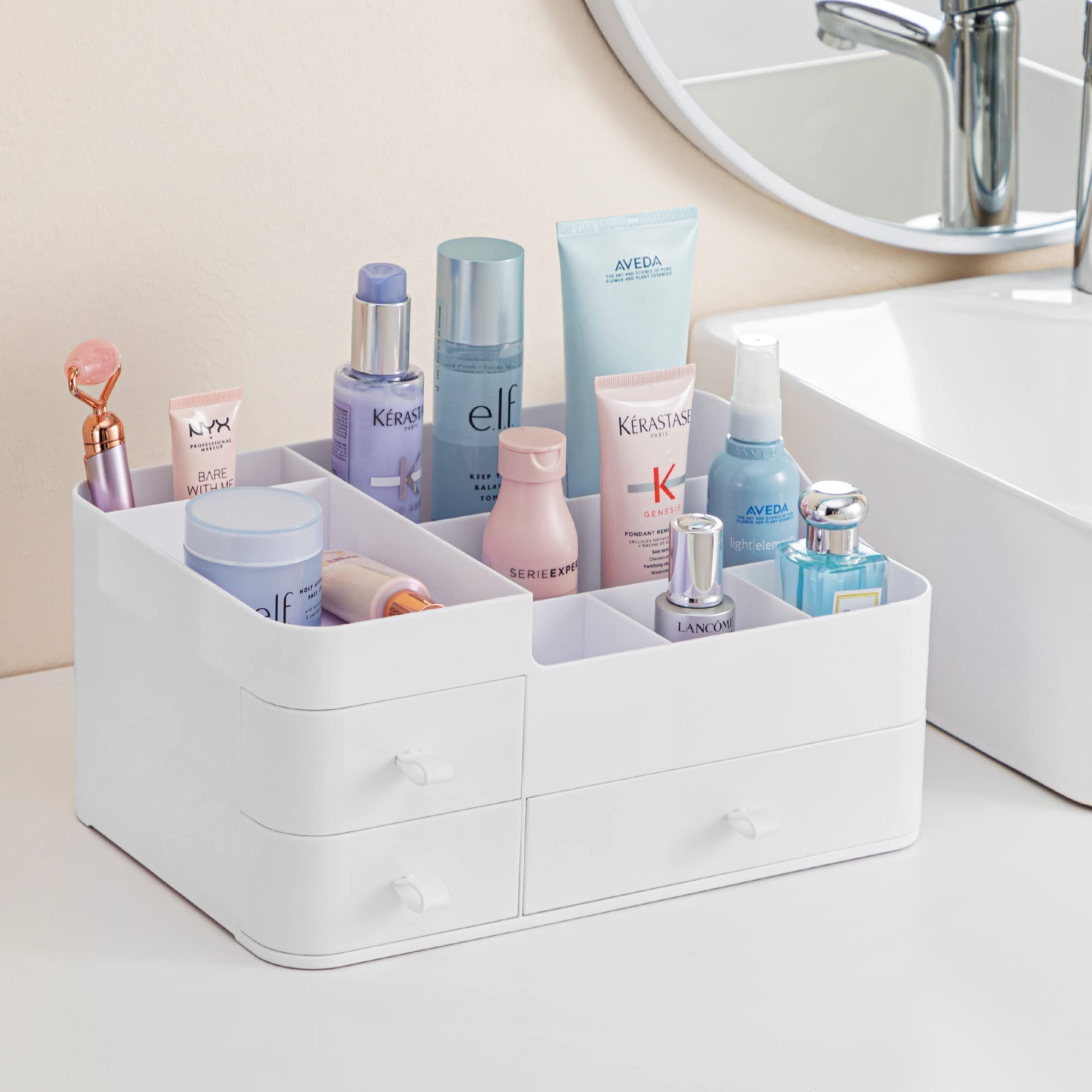 Hblife Plastic Makeup Organizer For Vanity, Large Skincare Organizers 8 Compartments Bathroom Organizer Cosmetic Storage, White