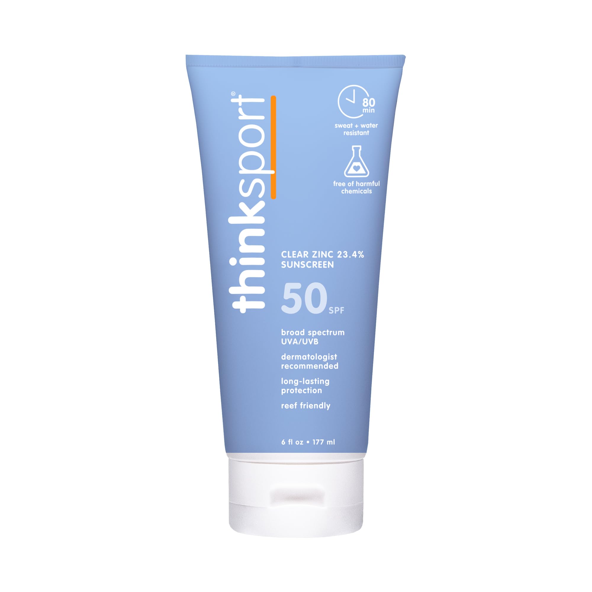 Thinksport Mineral Sunscreen, SPF 50 Clear Zinc Oxide Sunscreen, 6 Fl Oz, Water Resistant Reef Safe Sunscreen, Vegan Broad Spect