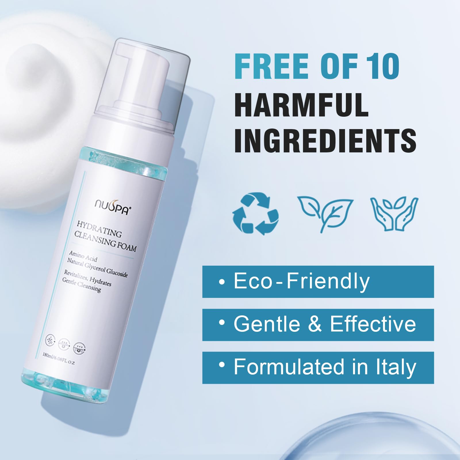 NUSPA 6.08 OZ Self Foaming Face Wash Spray Infused with Amino Acid, Smoothing Hydrating Bubble Facial Cleanser,Natural Gentle De