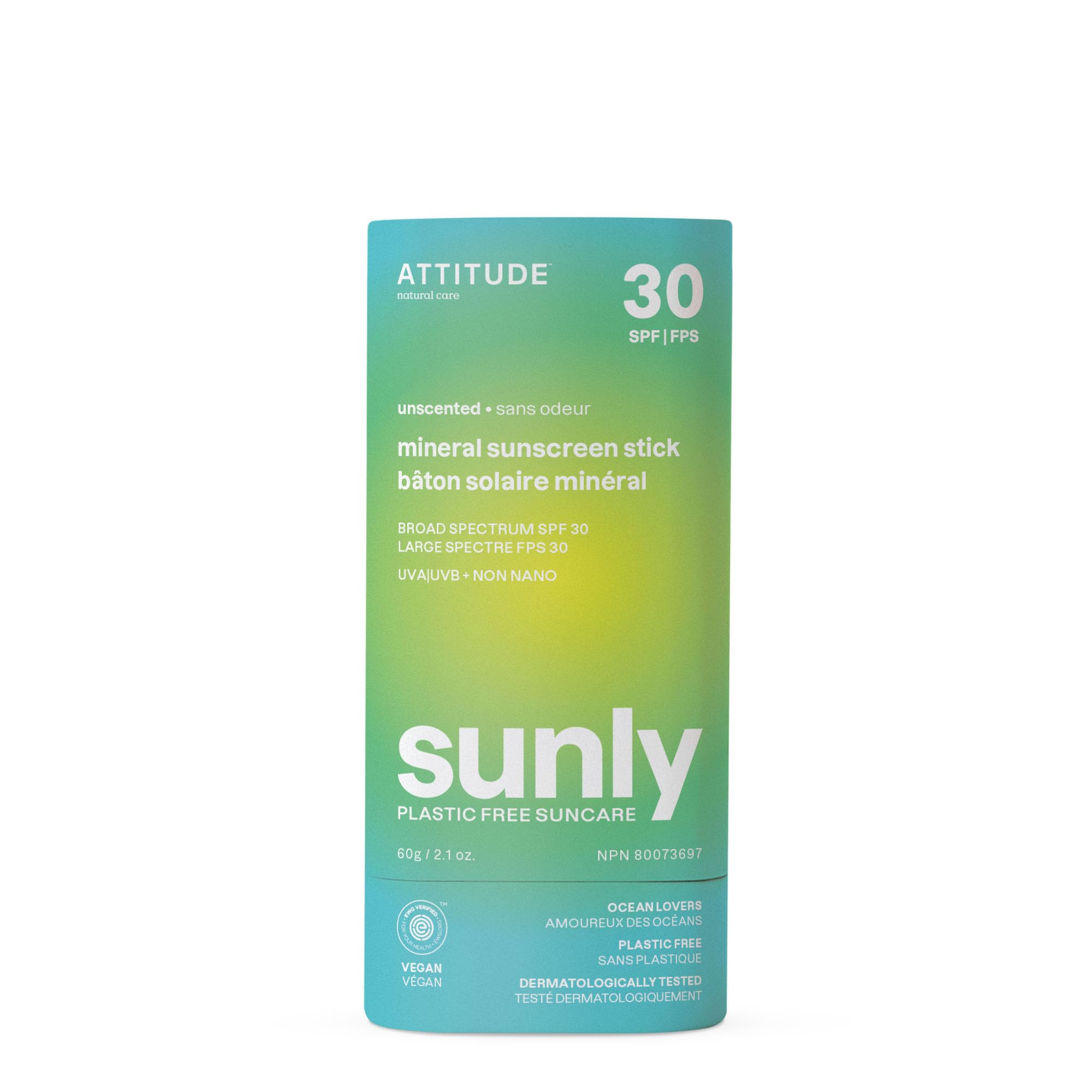 Attitude Mineral Sunscreen Stick With Zinc Oxide, Spf 30, Ewg Verified, Plastic-Free, Broad Spectrum Uva/Uvb Protection, Dermato