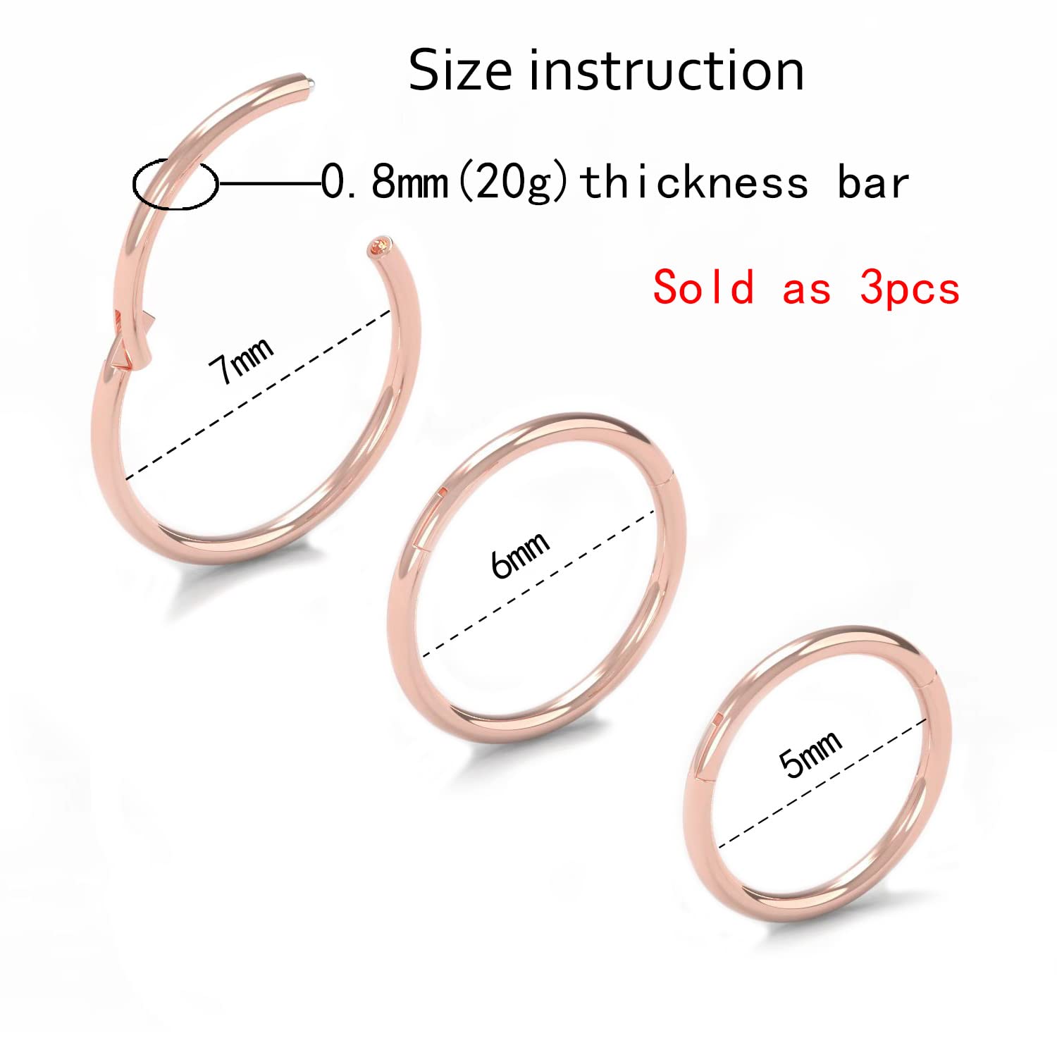 NewkeepsR 3PCS-0.8mm Rose Gold Anodised Hinged Clicker Nose Hoop Rings, 20g 316L Steel Seamless Segment Sleeper Earrings Piercin