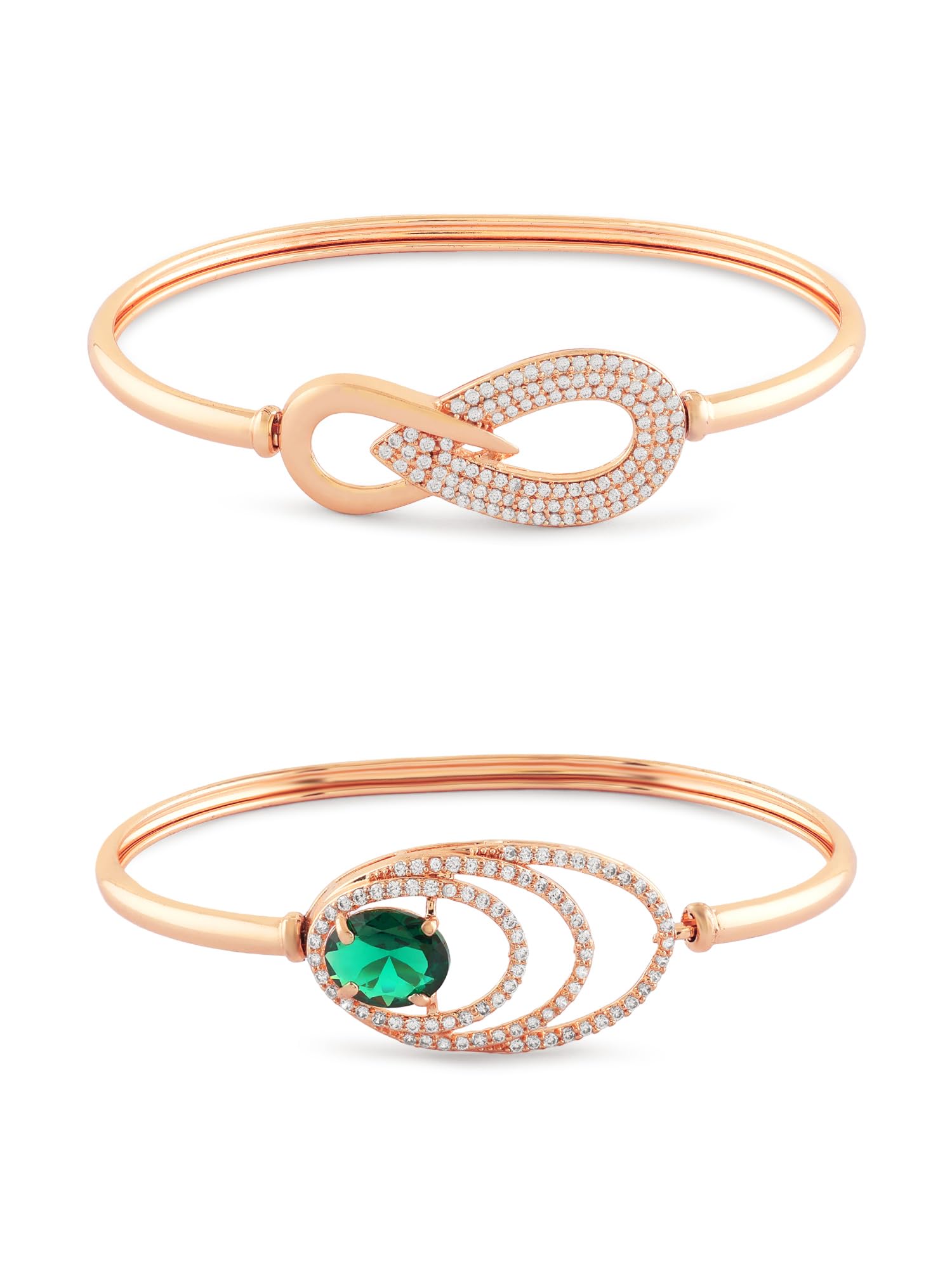 Zaveri Pearls Set Of 2 Rose Gold Tone Contemporary Cubic Zirconia Brass Kada Style Bracelet For WomenZpfk17976