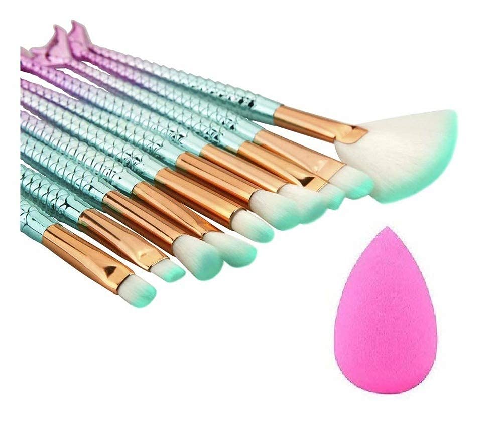Sunisa WomenS & GirlS Mermaid Makeup Brushes Set With One Pink Beauty Blender  (Pack Of 10)
