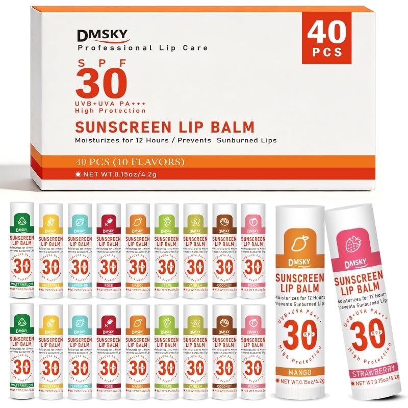 DMSKY SPF 30 Sunscreen Lip Balm 40 Pack, Broad Spectrum UVA/UVB Sun Protection Lip Care with Vitamin E and Beeswax, SPF Lip Balm