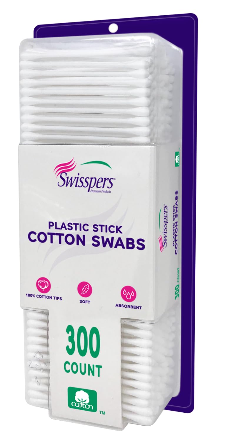 Swisspers Cotton Swabs, 100% Cotton Double-Tipped, White Plastic Sticks, 300 Count Package