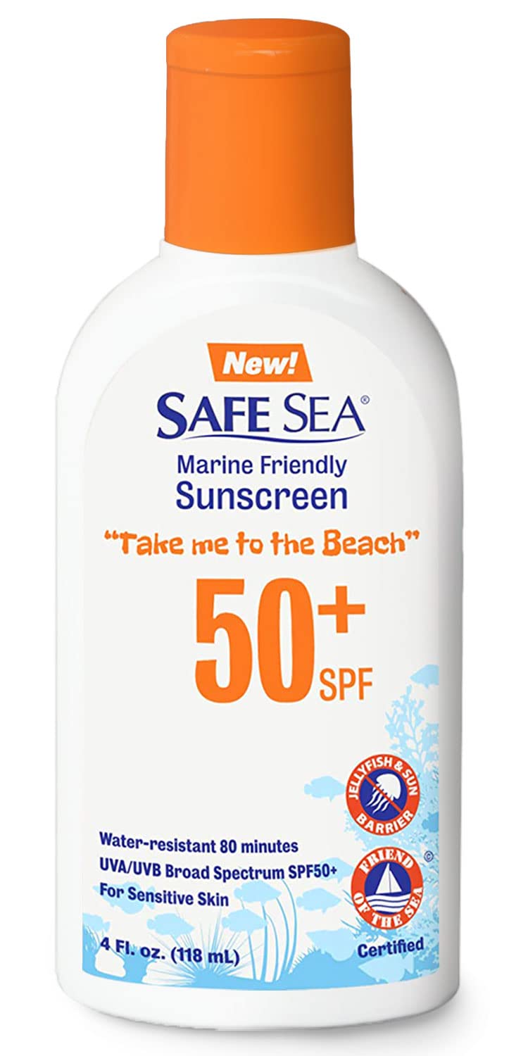 Safe Sea Jellyfish Sting-Blocking Sunscreen, SPF 50+ Lotion 4oz, Waterproof, Biodegradable, Coral Reef-Safe - Body and Face Suns