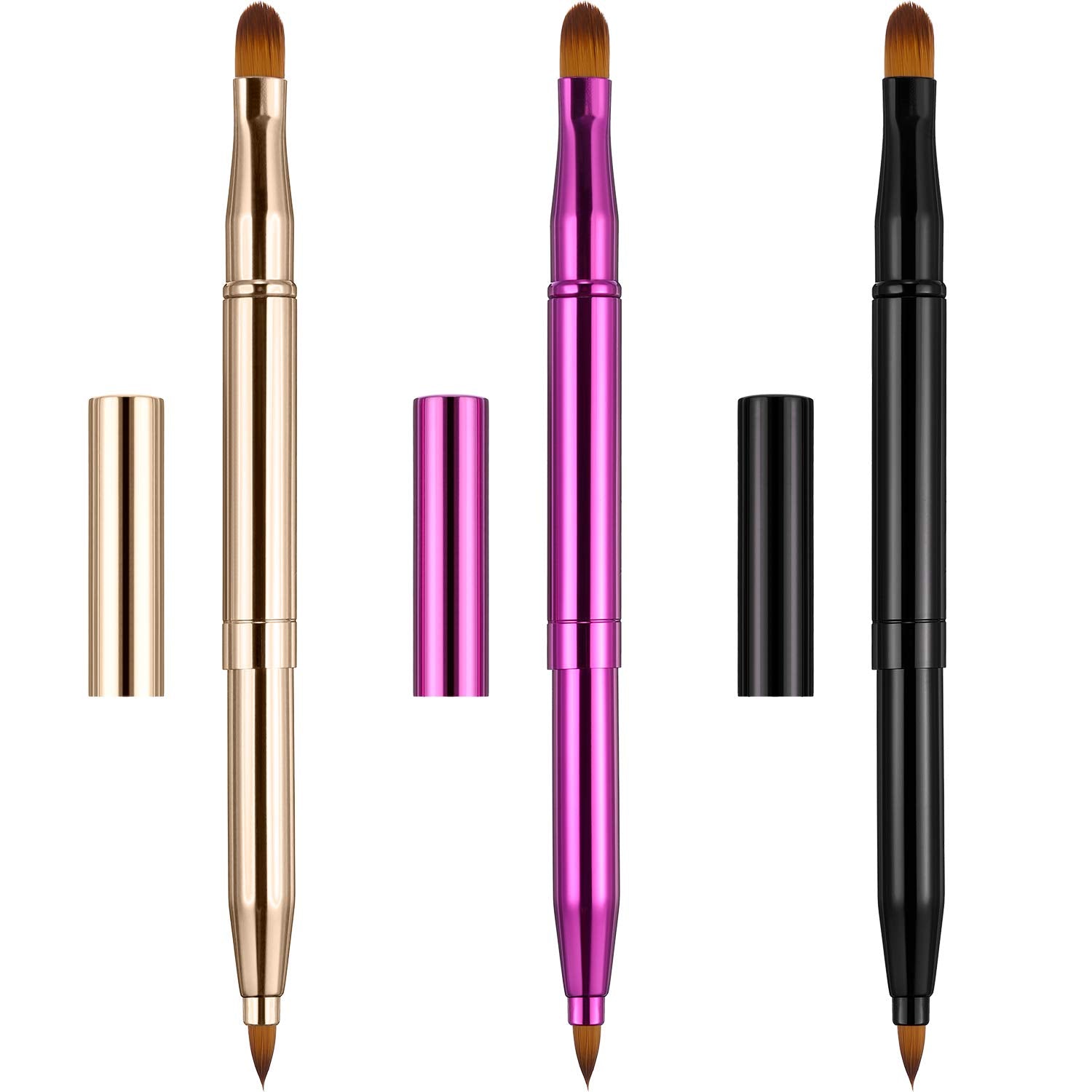 TOODOO 3 Pieces Lip Brush Retractable Lipstick Liner Brush Lipstick Dual-ended Foundation Makeup Brush with Cap Travel Applicato
