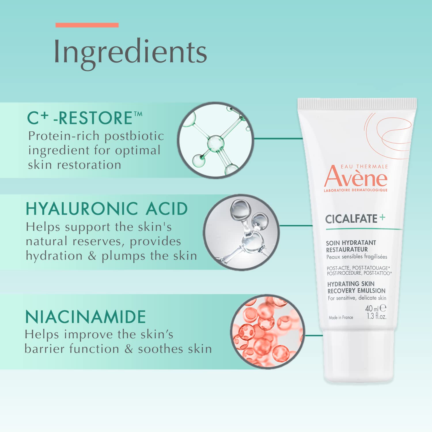 Eau Thermale Avne Cicalfate+ Hydrating Skin Recovery Emulsion - Post-Procedure & Post-Tattoo Restoration - Postbiotic Skincare -