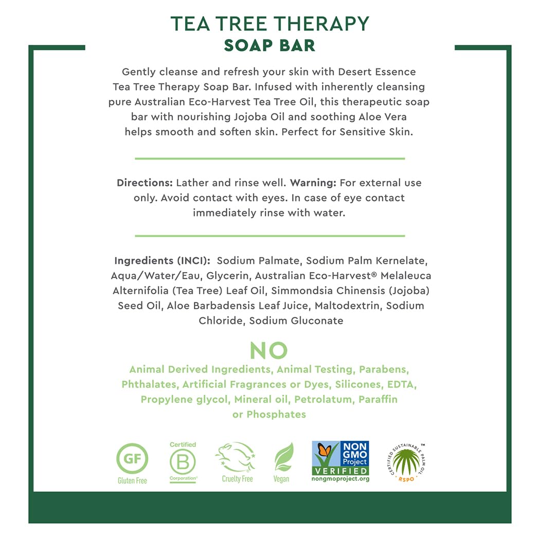 Desert Essence Tea Tree Therapy Cleansing Soap Bar - Plant-Based with Sustainable Palm Oil, Eco-Harvest Tea Tree, Jojoba Oil, Al