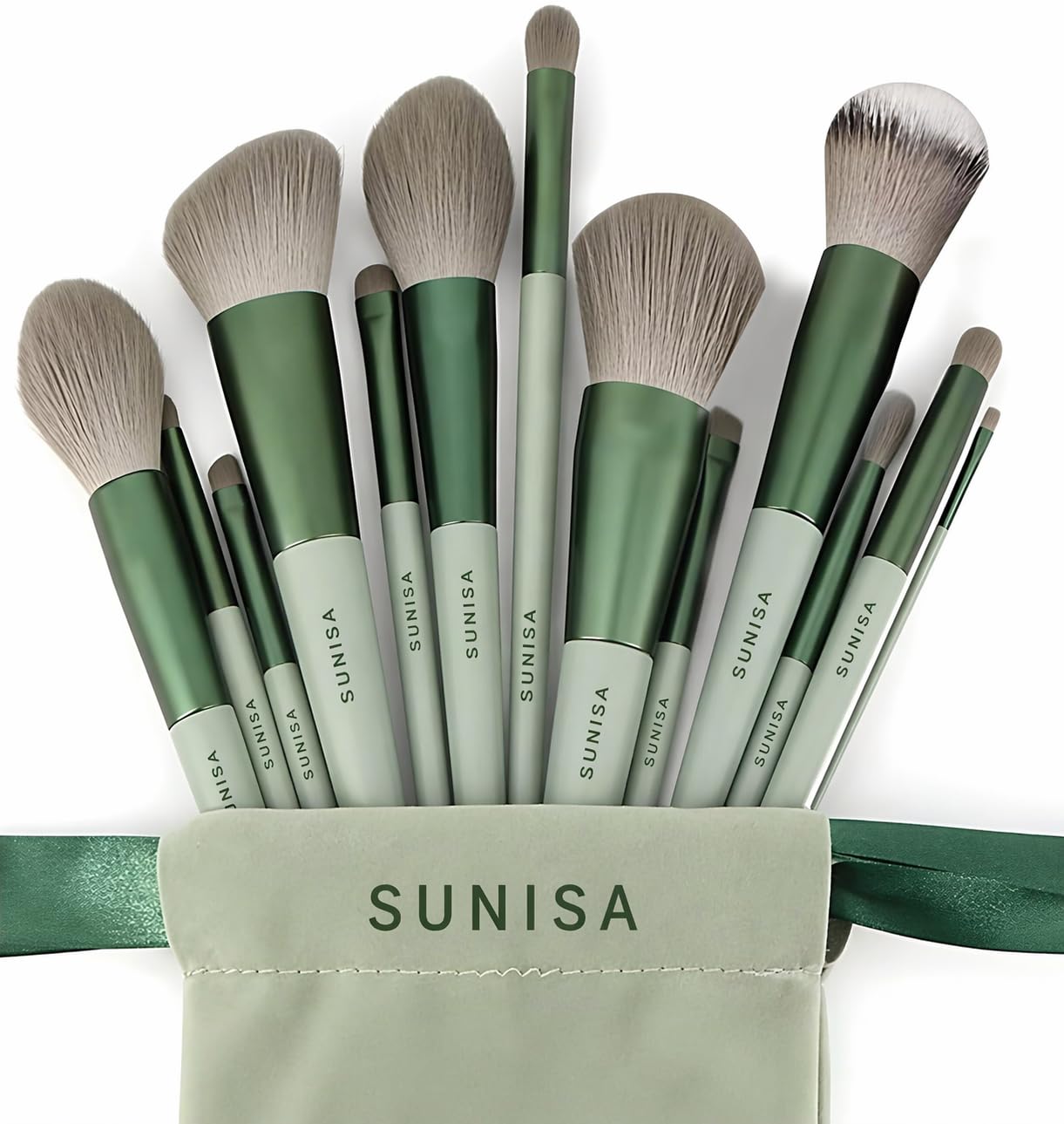 Sunisa Makeup Brush Set With Pouch, Green Handle, Soft Synthetic Bristles, 13 Pieces