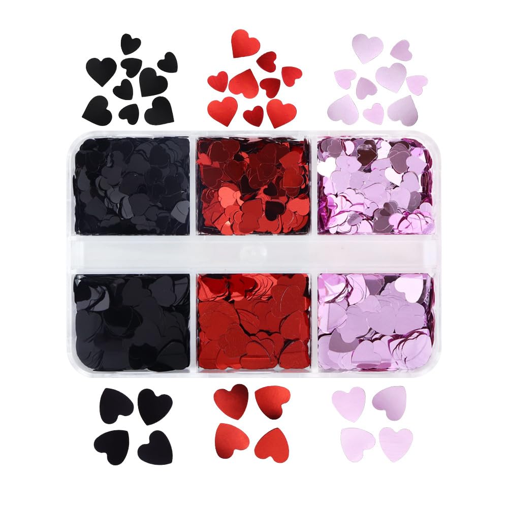 Valentines Day 3D Heart Nail Glitters Sequins 6 Girds Lovely Heart Design Nail Decals Holographic Laser Black Red Purple Nail Gl