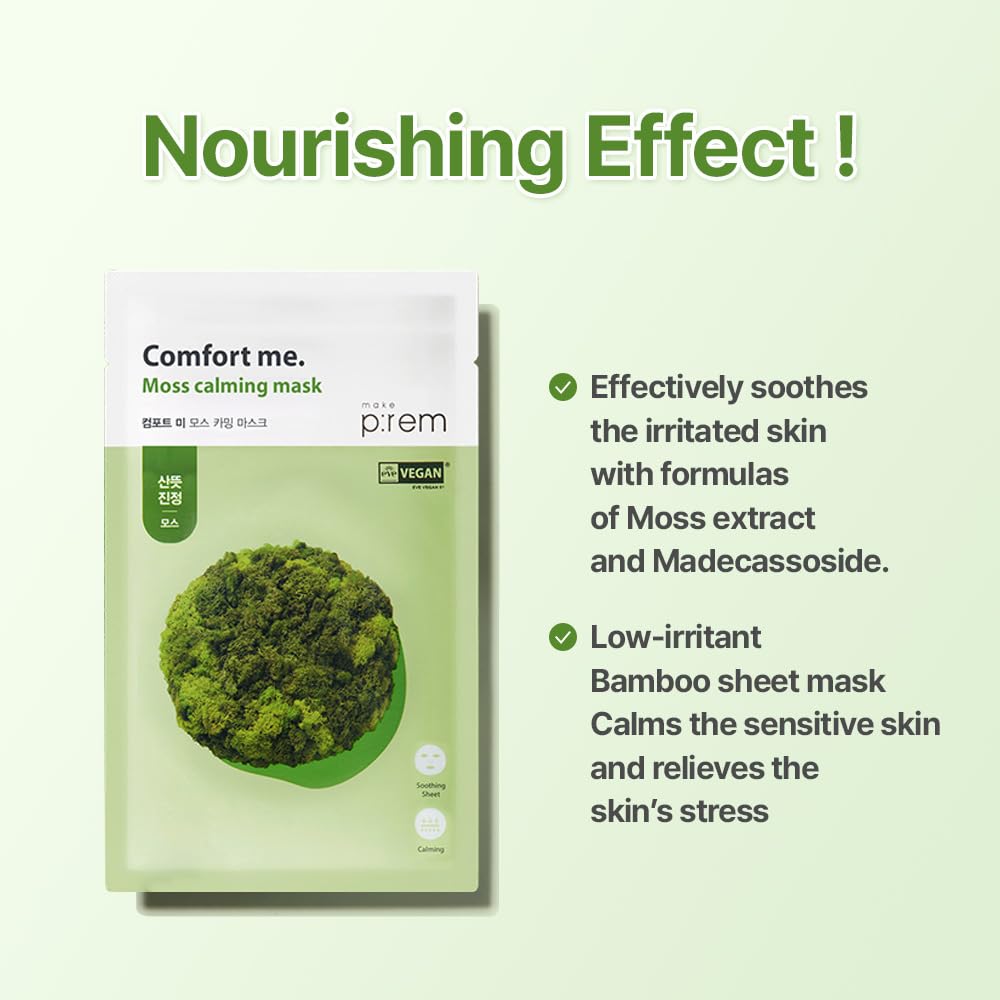 MAKE P:REM Comfort Me. Moss Calming Mask, Korean Facial Sheet Mask, EWG Green, Soothing & Hydrating Face Mask, EVE VEGAN, 28ml,