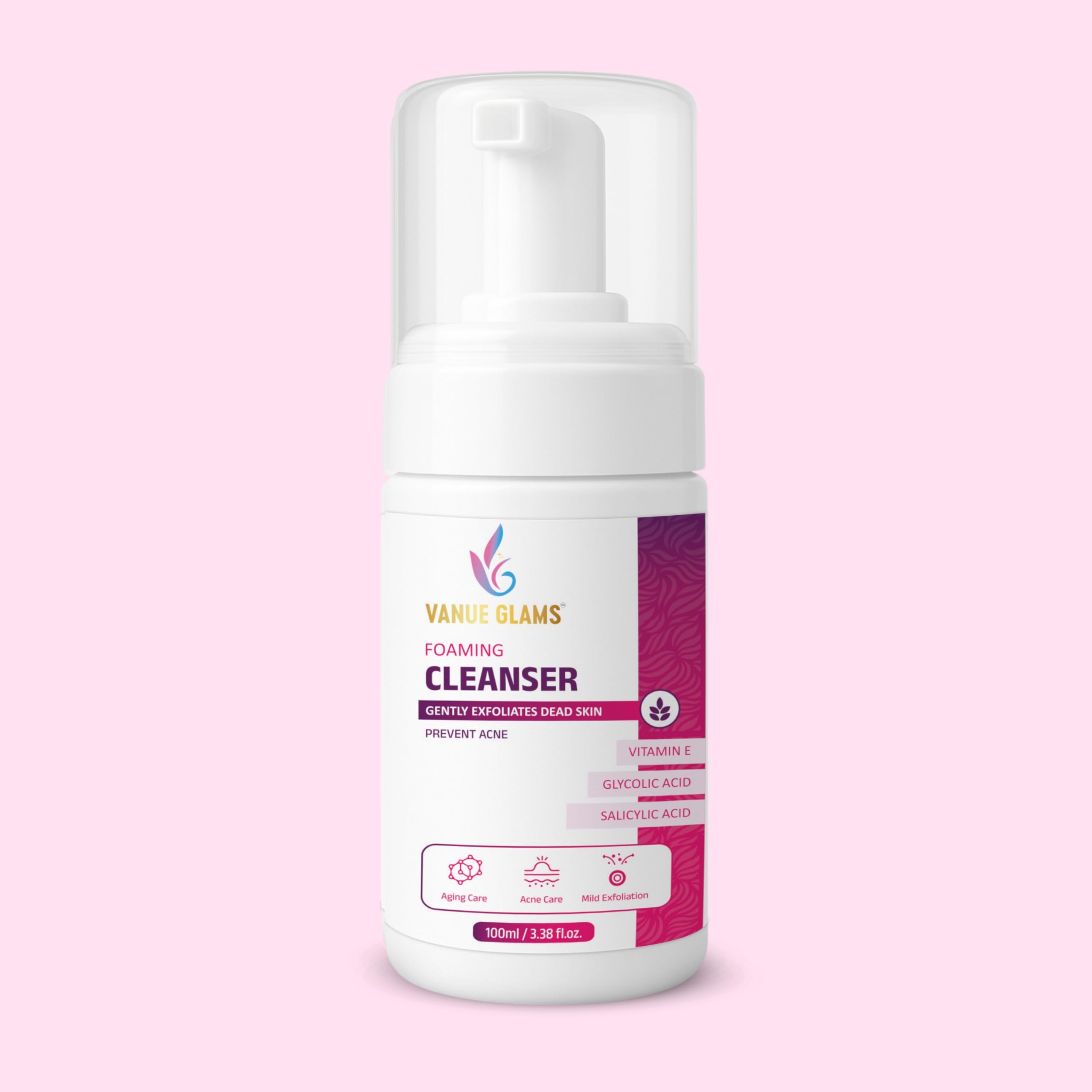 Vanue Glams Foaming Face Cleanser For AcneProne Skin | With 2% Salicylic Acid, 3% Glycolic Acid & Vitamin E | Gentle Exfoliatin
