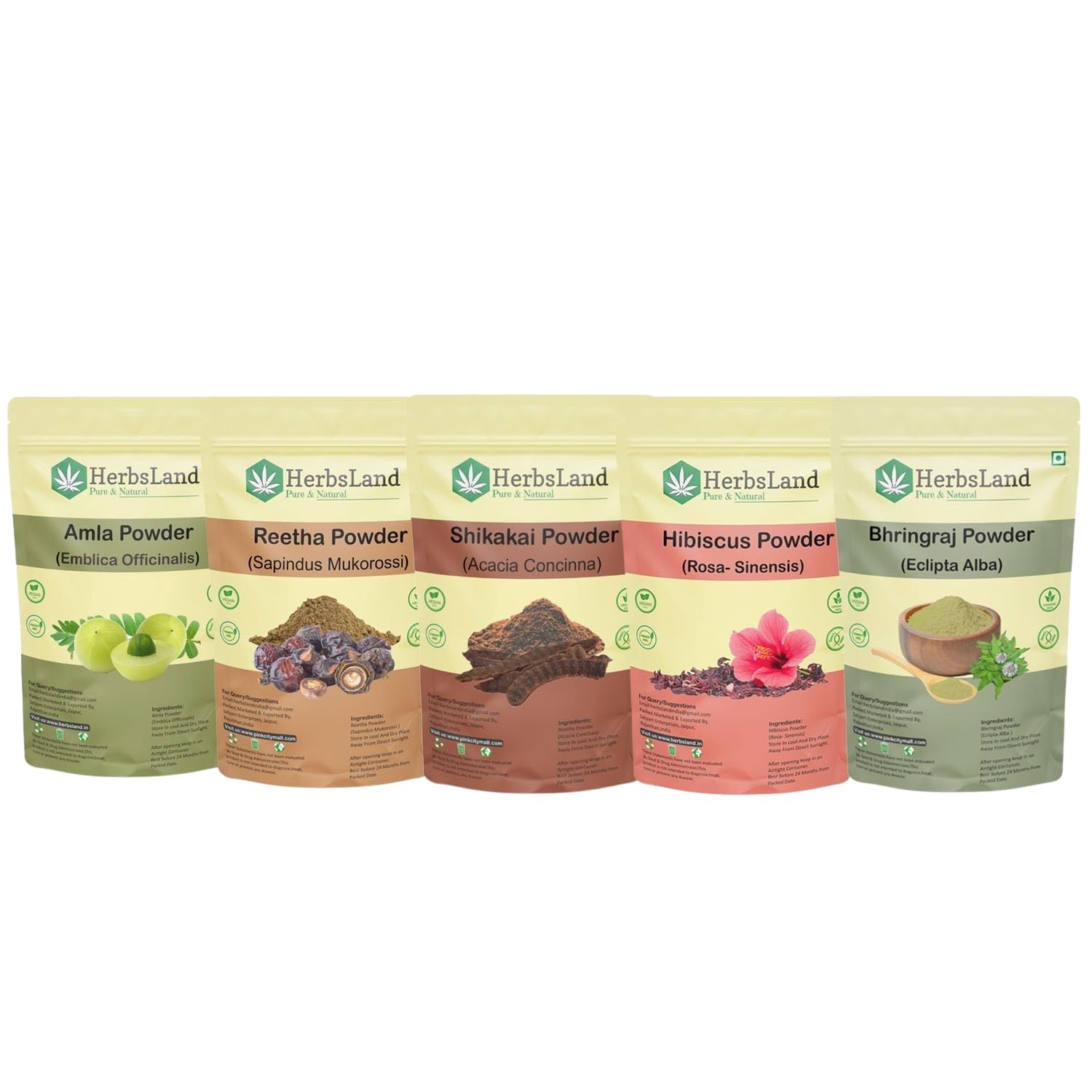 Herbsland Pure Bio Organic Amla Reetha Shikakai Bhringraj Hibiscus Powder For Hair Growth With Anti-Dandruff Treatment | Natural