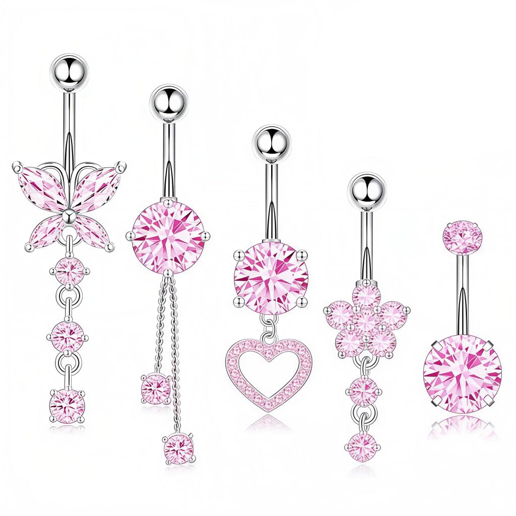 Sannidhi Belly Button Rings For Women Heart Flower Butterfly Stainless Steel Dangle Belly Ring Dangling Piercing Jewelry