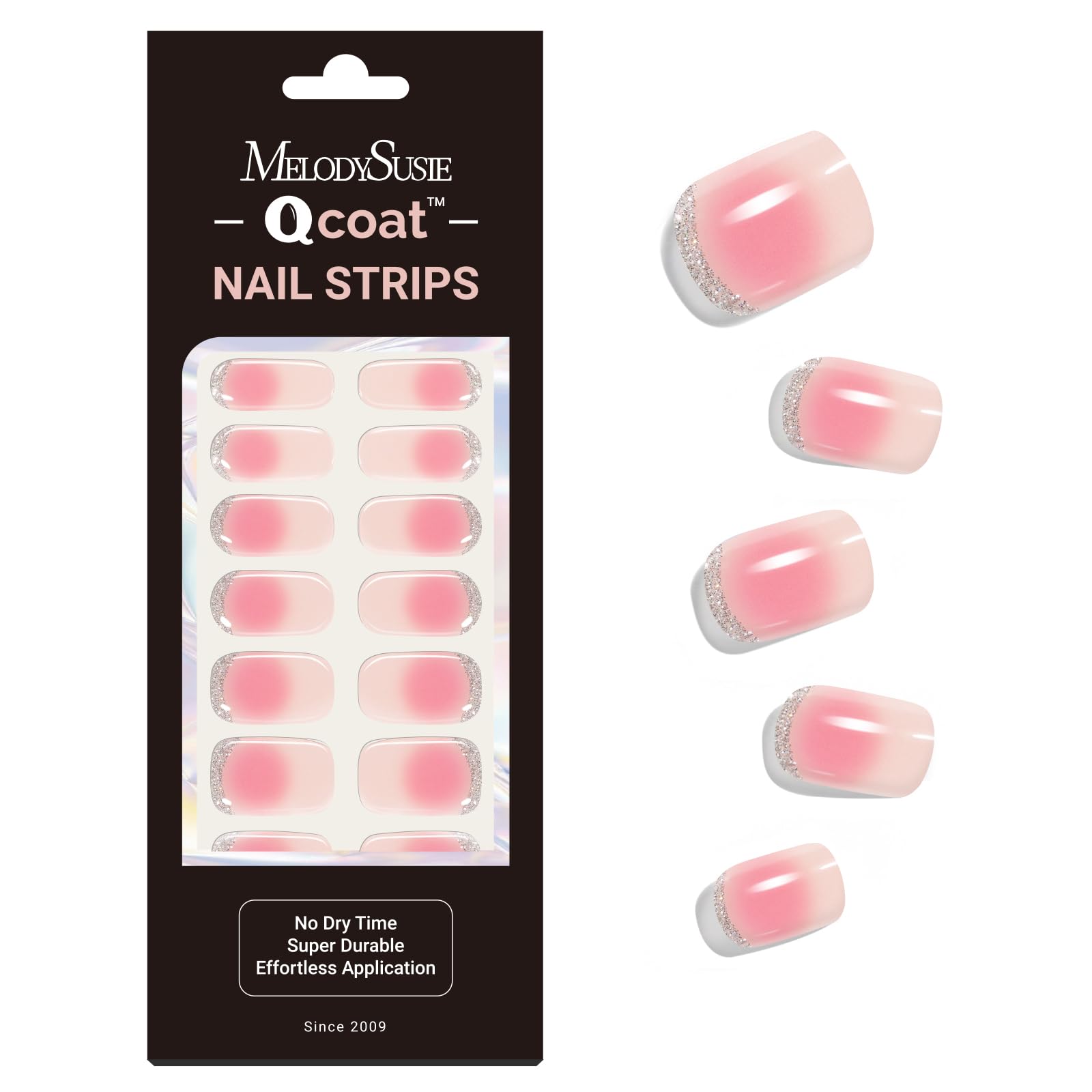 MelodySusie Qcoat Fully Cured Gel Nail Strips (Pink Blush Glitter) - UV Free Nail Polish Strips, Salon-Quality, Long Lasting Gel