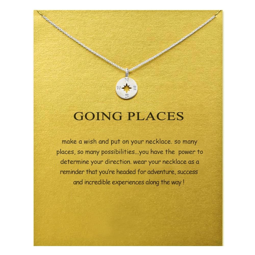 LANG XUAN Message Card Compass Pendant Necklace Friendship Starfish Good Luck Elephant Pendant Chain Necklace with Gift Card (Si
